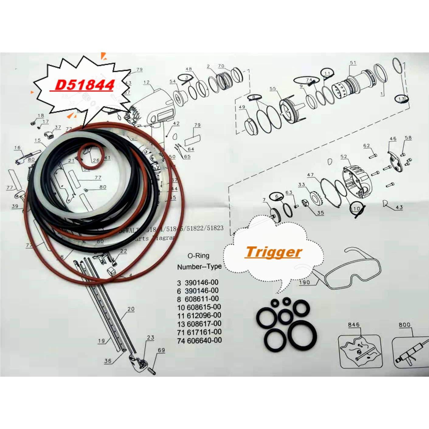 Kit de O-Ring DeWALT D51844 D51822 Clavadora Universal