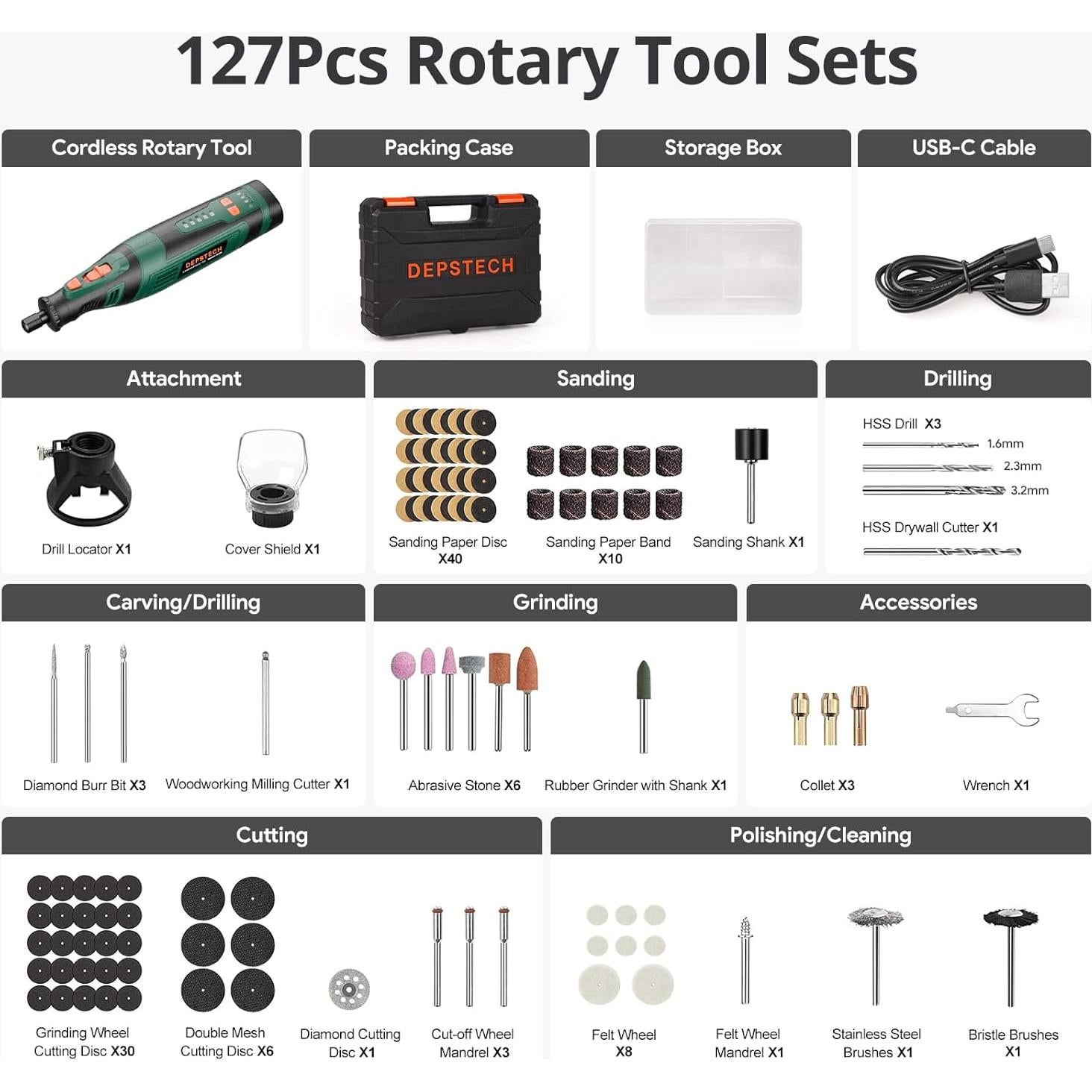 Herramienta Rotativa Inalámbrica DEPSTECH DC08 8V 127 Accesorios