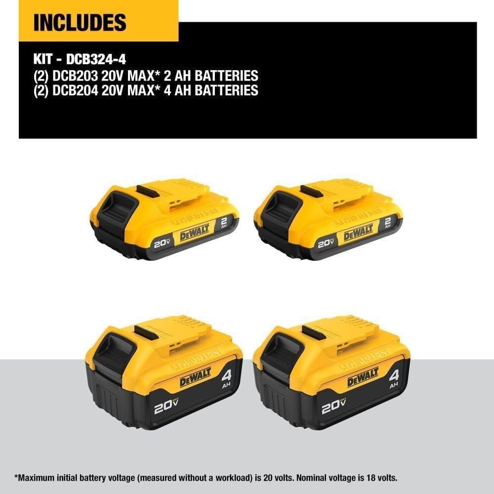 Baterías DEWALT 20V MAX, 4Ah y 2Ah, Paquete de 4