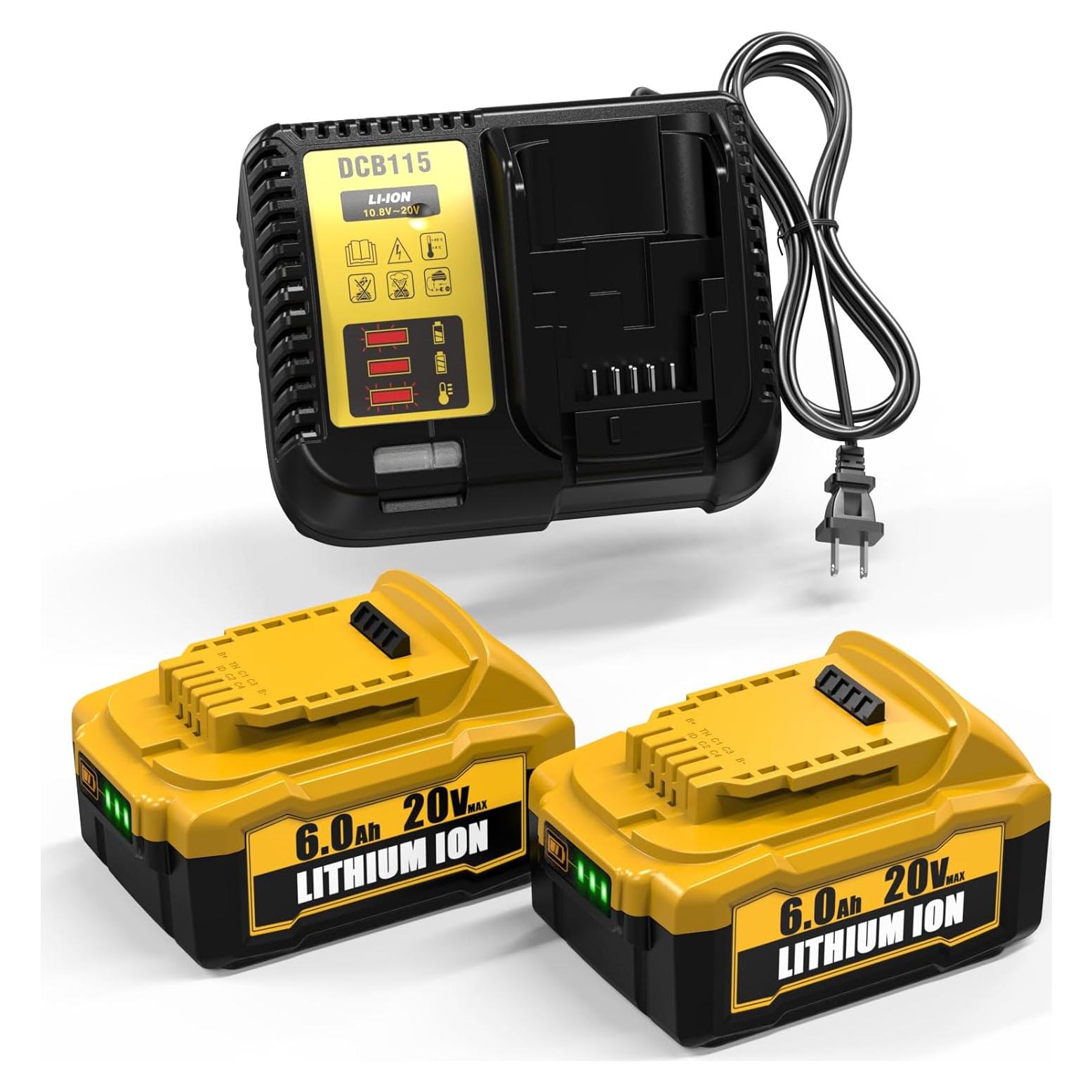 2 Packs 6.0Ah Lithium Ion Battery and Charger Replacement for Dewalt 20V Max Battery and Charger Combo Compatible with Dewalt 12-20V Batteries and All 20 Volt Cordless Tools