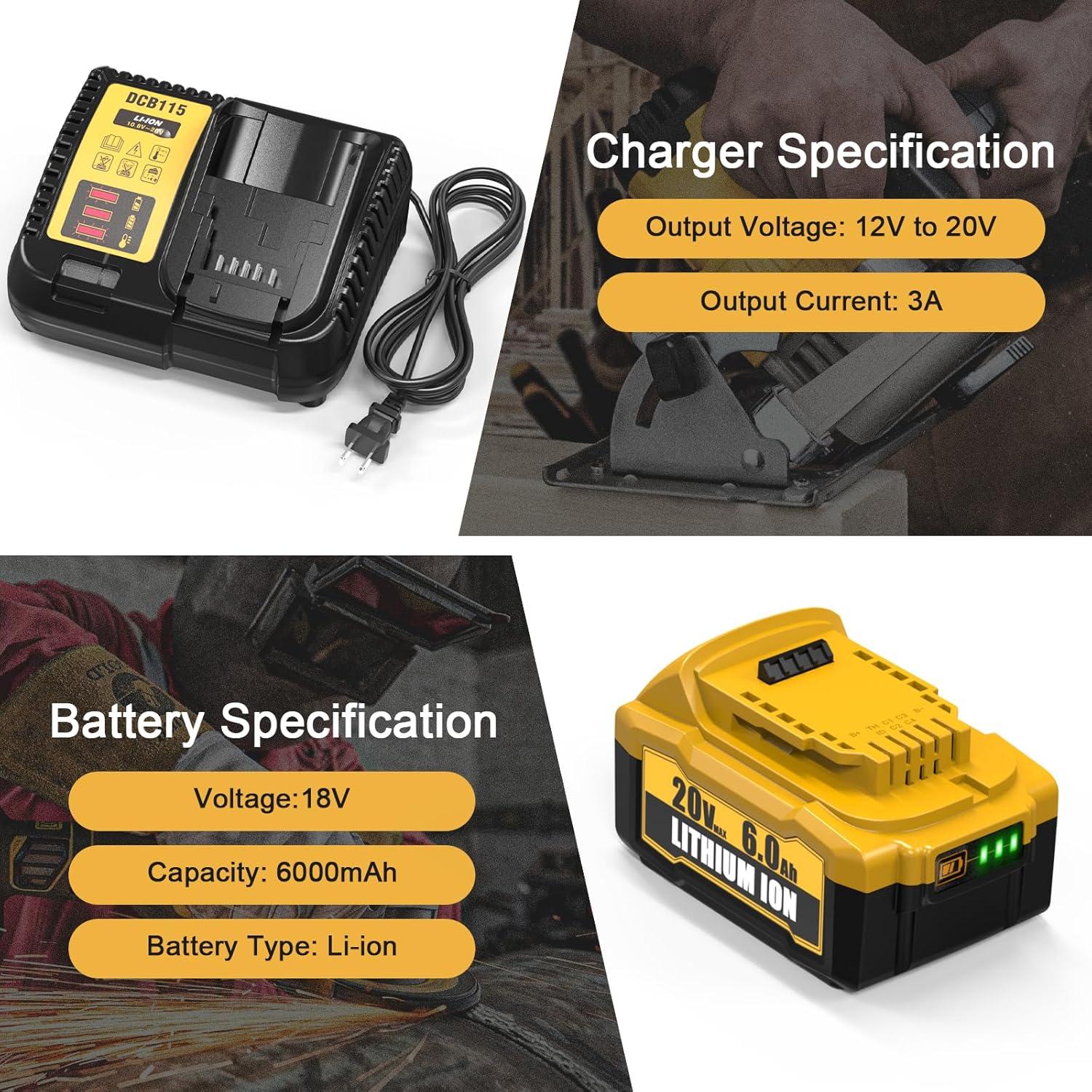 2 Packs 6.0Ah Lithium Ion Battery and Charger Replacement for Dewalt 20V Max Battery and Charger Combo Compatible with Dewalt 12-20V Batteries and All 20 Volt Cordless Tools