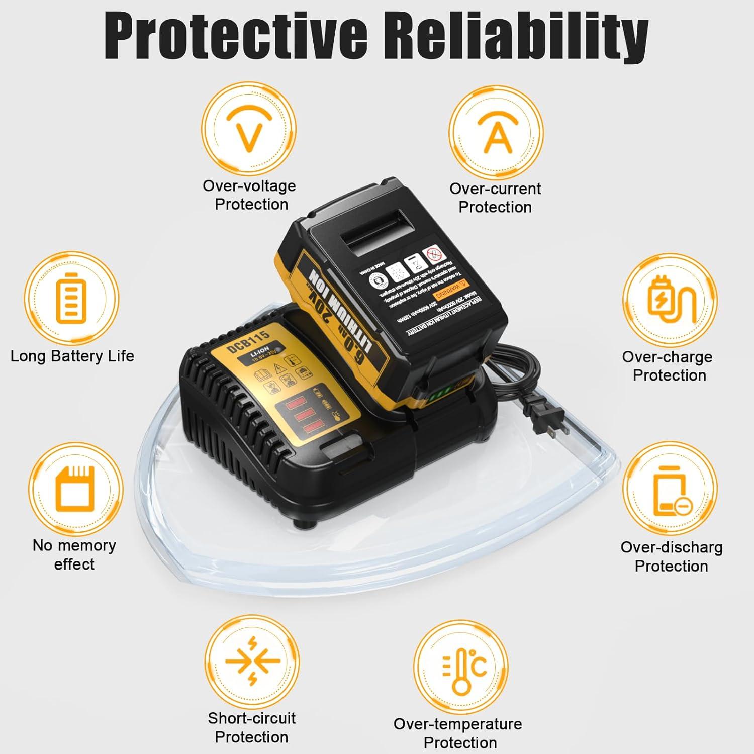 2 Packs 6.0Ah Lithium Ion Battery and Charger Replacement for Dewalt 20V Max Battery and Charger Combo Compatible with Dewalt 12-20V Batteries and All 20 Volt Cordless Tools