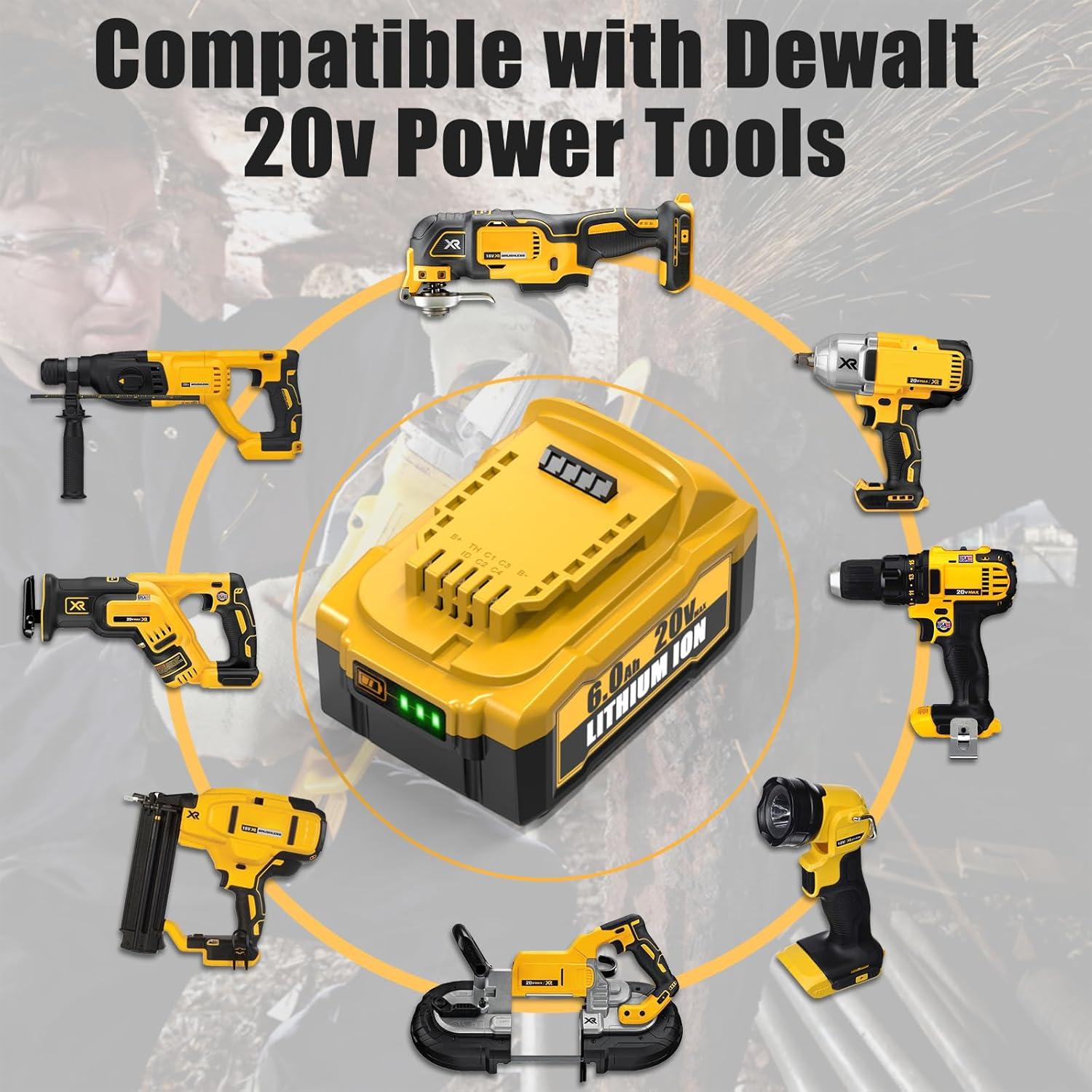 2 Packs 6.0Ah Lithium Ion Battery and Charger Replacement for Dewalt 20V Max Battery and Charger Combo Compatible with Dewalt 12-20V Batteries and All 20 Volt Cordless Tools