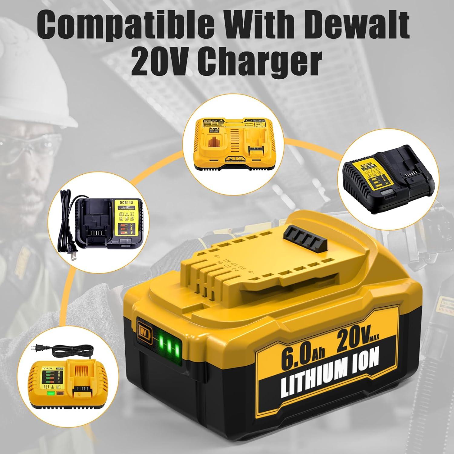 2 Packs 6.0Ah Lithium Ion Battery and Charger Replacement for Dewalt 20V Max Battery and Charger Combo Compatible with Dewalt 12-20V Batteries and All 20 Volt Cordless Tools