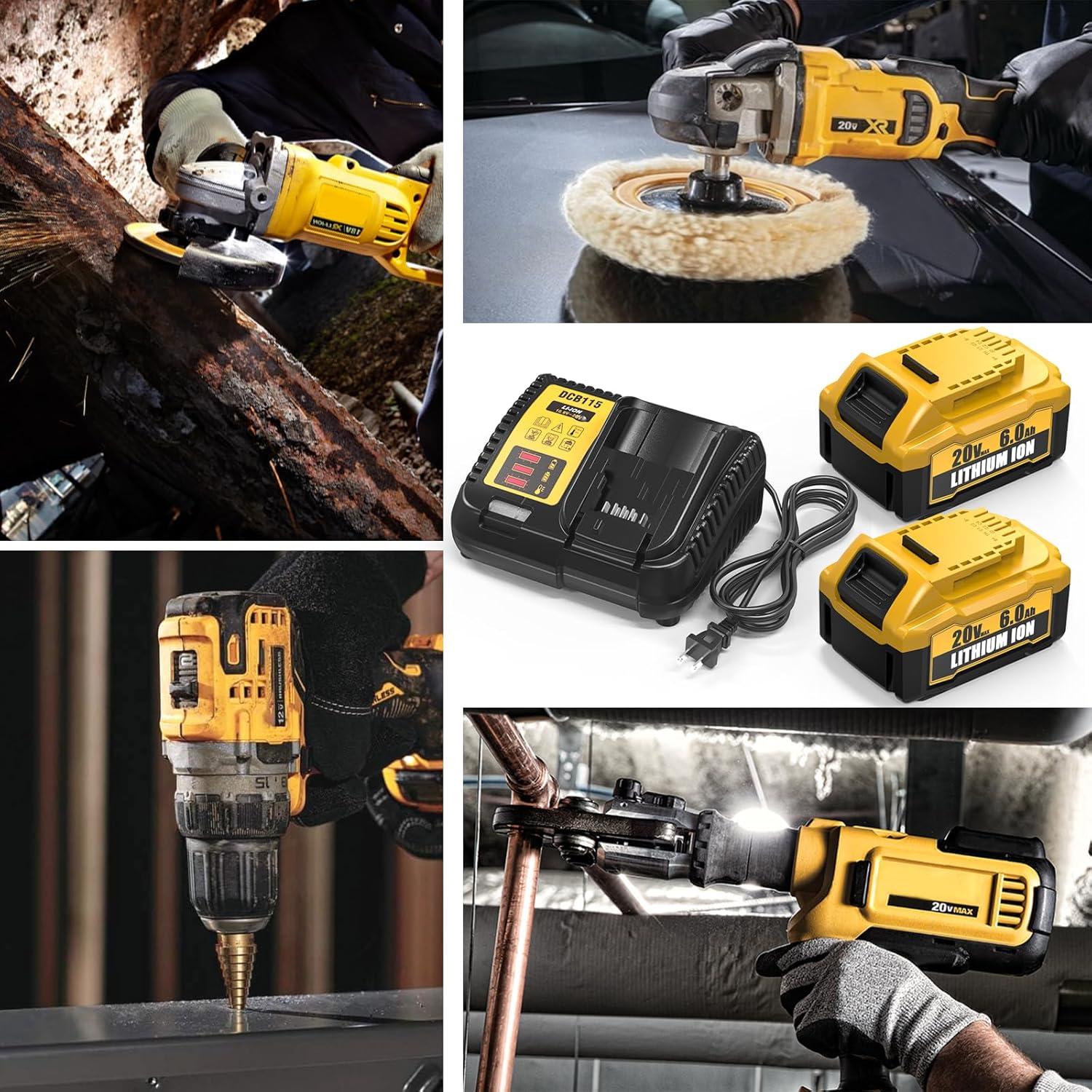 2 Packs 6.0Ah Lithium Ion Battery and Charger Replacement for Dewalt 20V Max Battery and Charger Combo Compatible with Dewalt 12-20V Batteries and All 20 Volt Cordless Tools