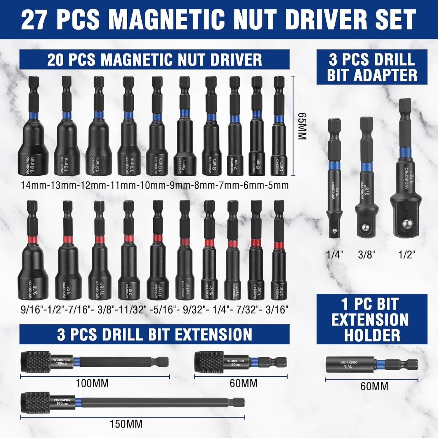 Set 27 Piezas Controladores Tuercas Magnéticos WORKPRO