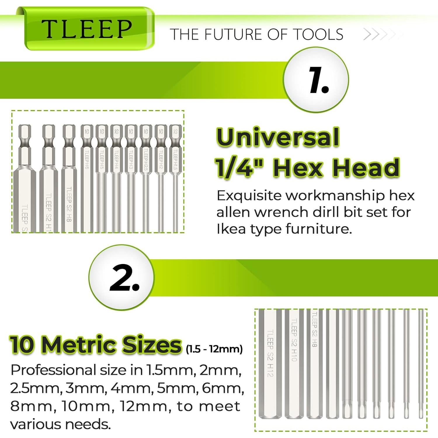 Juego de Brocas Hexagonales Allen TLEEP 10 Piezas 12mm a 1.5mm