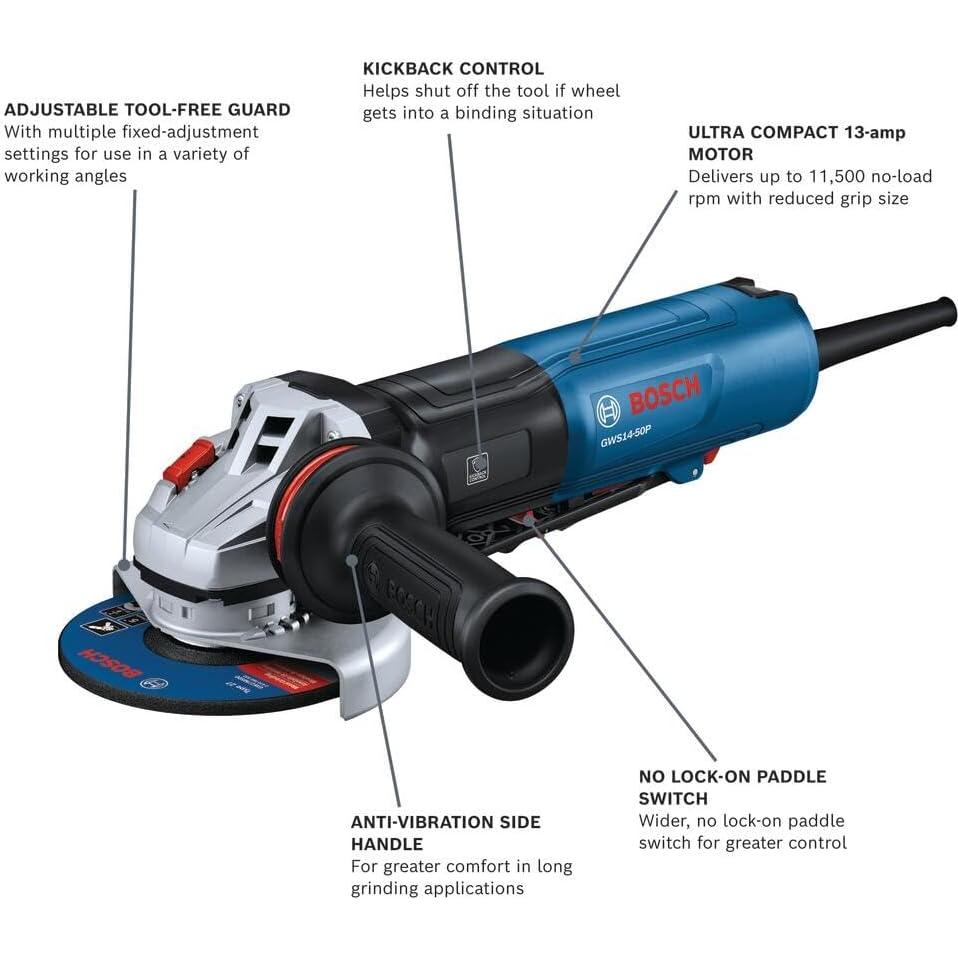 Amoladora Angular BOSCH GWS14-50P 5" 13A Ergonomía y Potencia