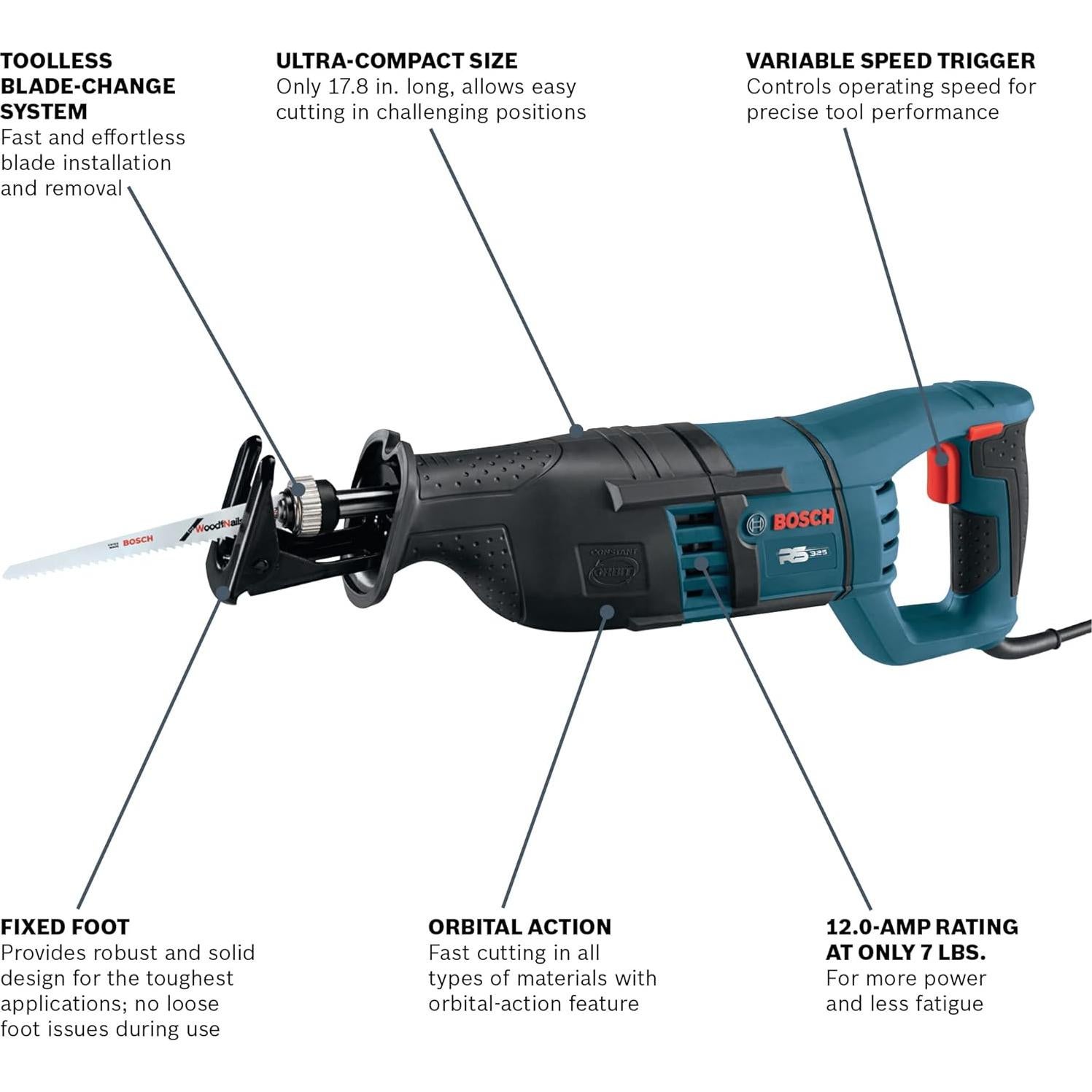 Sierra Recíproca Compacta Bosch RS325 12A 120V Velocidad Variable