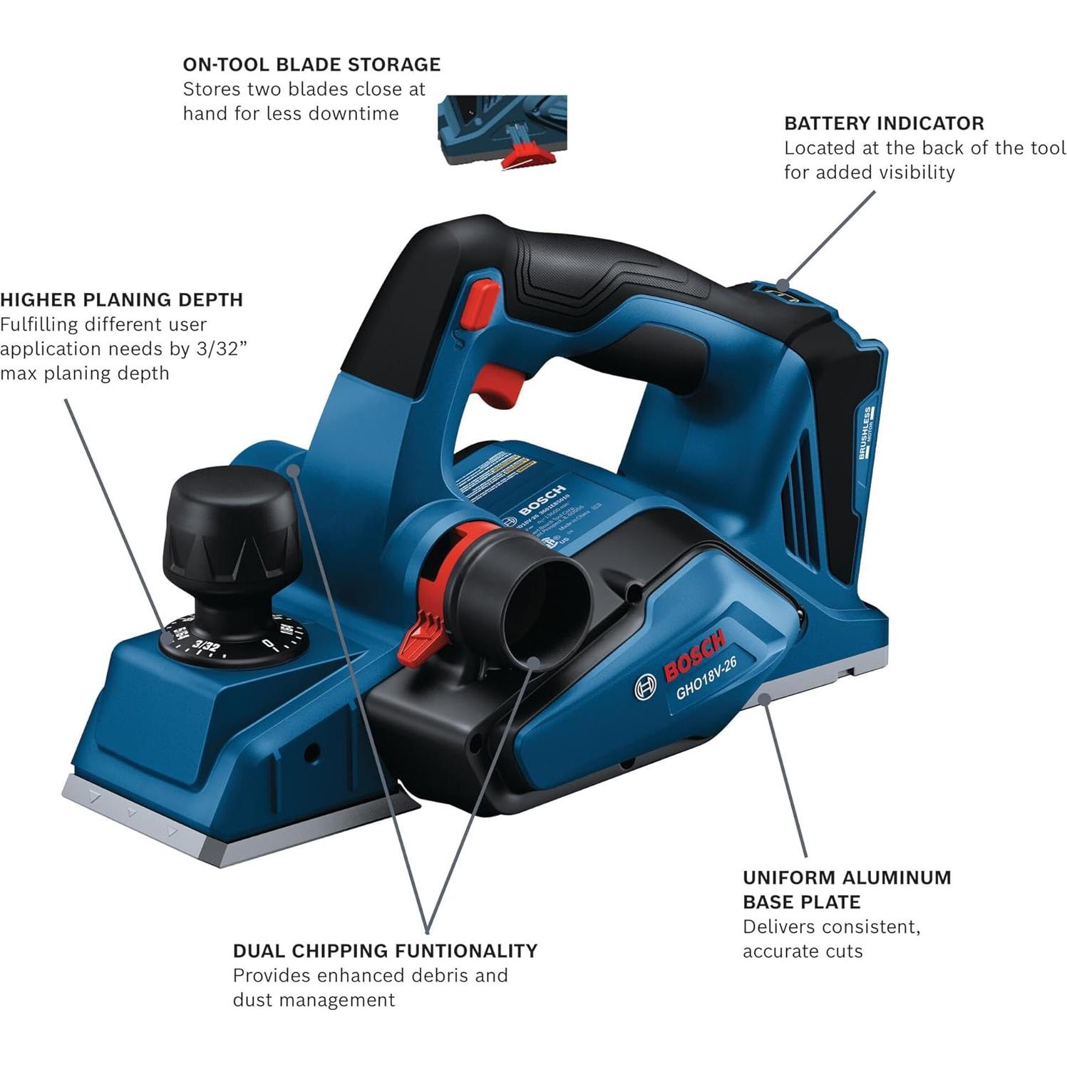 Cepillo Sin Escobillas BOSCH GHO18V-26N 18V 2.6mm 3.25"