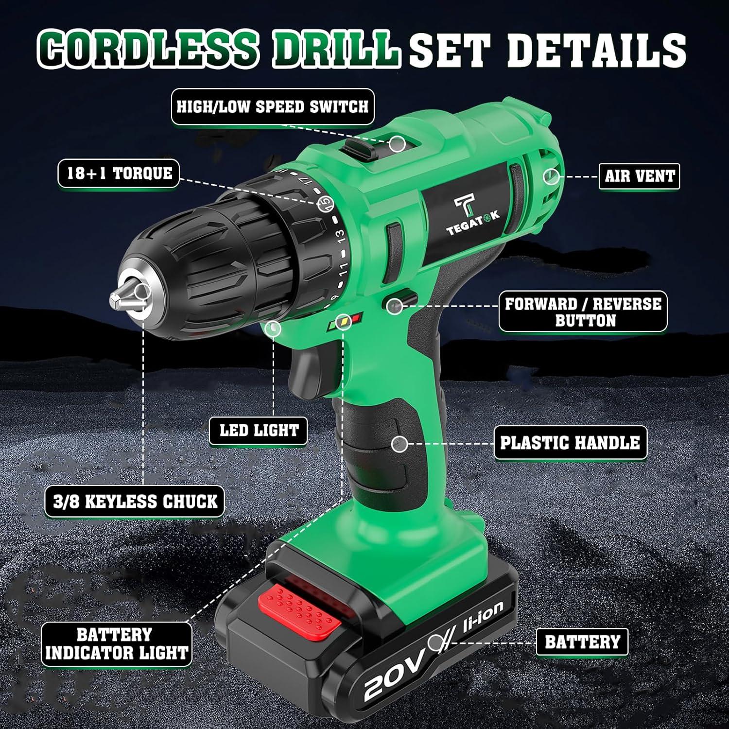 Taladro Inalámbrico Tegatok 20V con Batería y Cargador