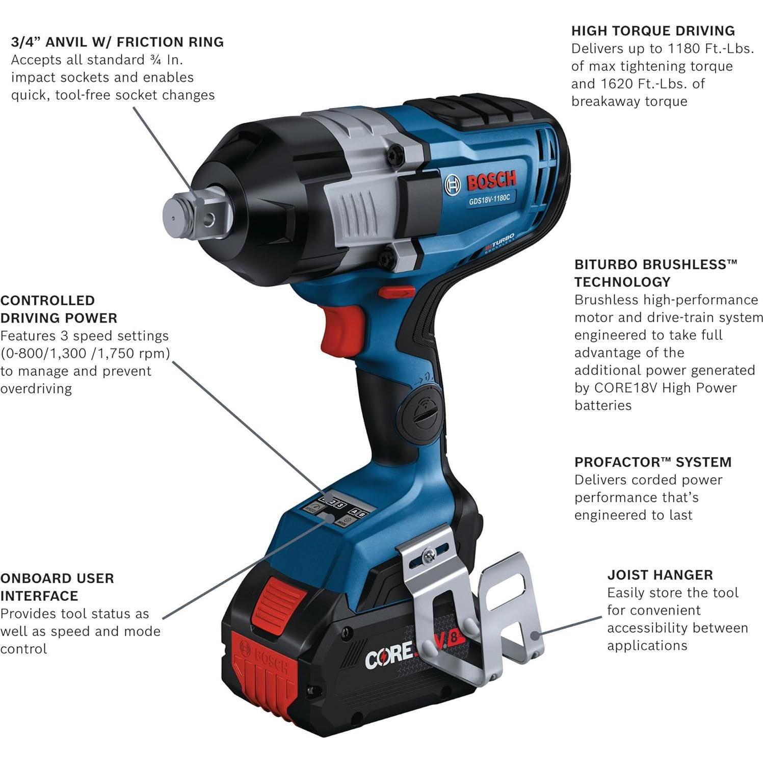 Llave de Impacto BOSCH GDS18V-1180CB28 18V 3/4" Torque Alto