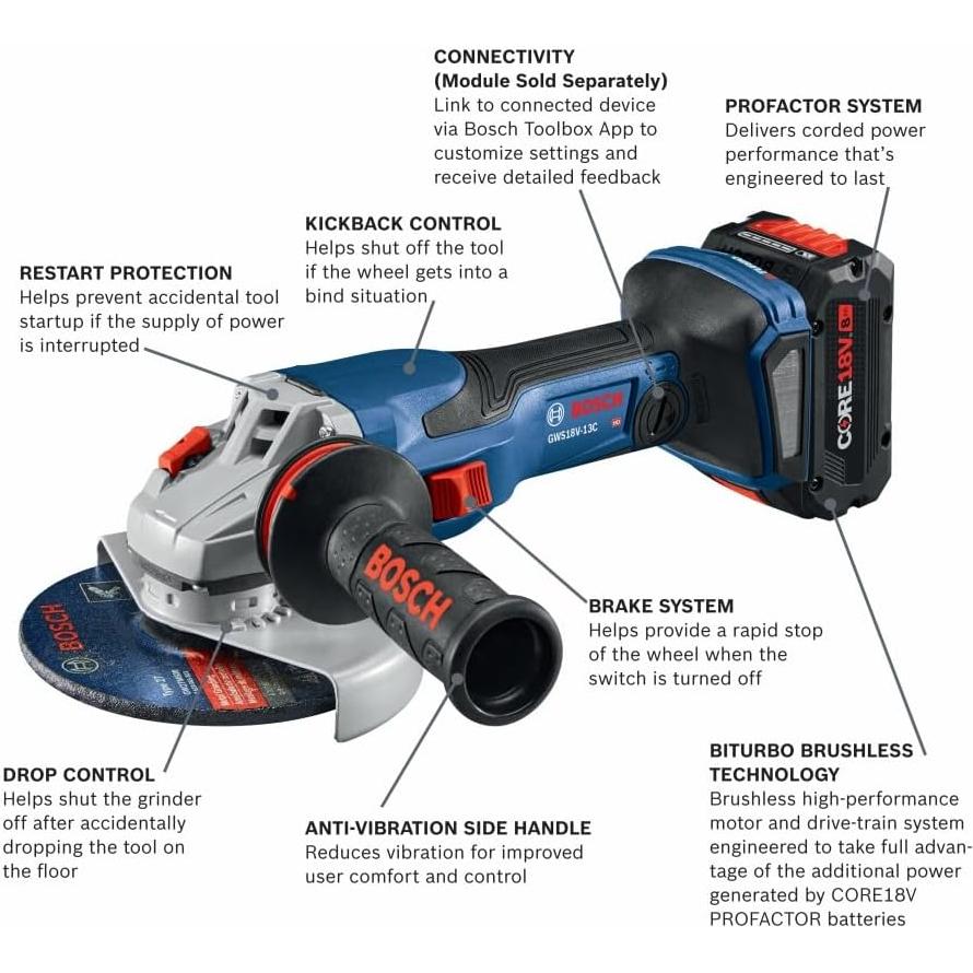 Amoladora Angular Bosch GWS18V-13C 18V 5-6" con Batería 8 Ah