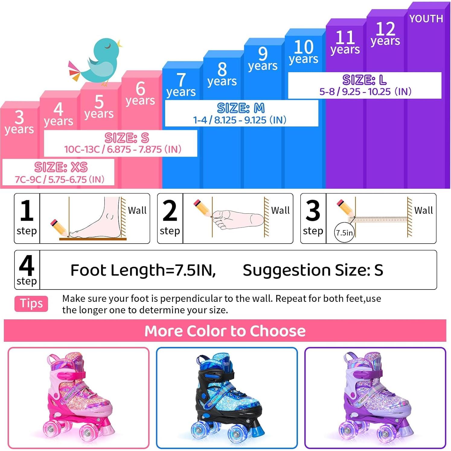 Patines en línea Nattork para niños, 4 tamaños ajustables