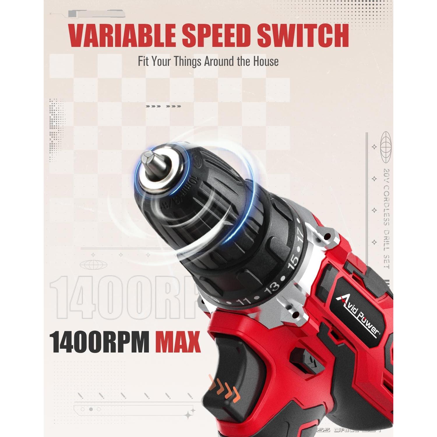 Taladro Inalámbrico AVID POWER 20V 2 Velocidades 22 Piezas