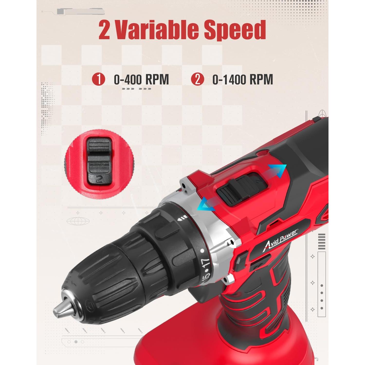 Taladro Inalámbrico AVID POWER 20V 2 Velocidades 22 Piezas