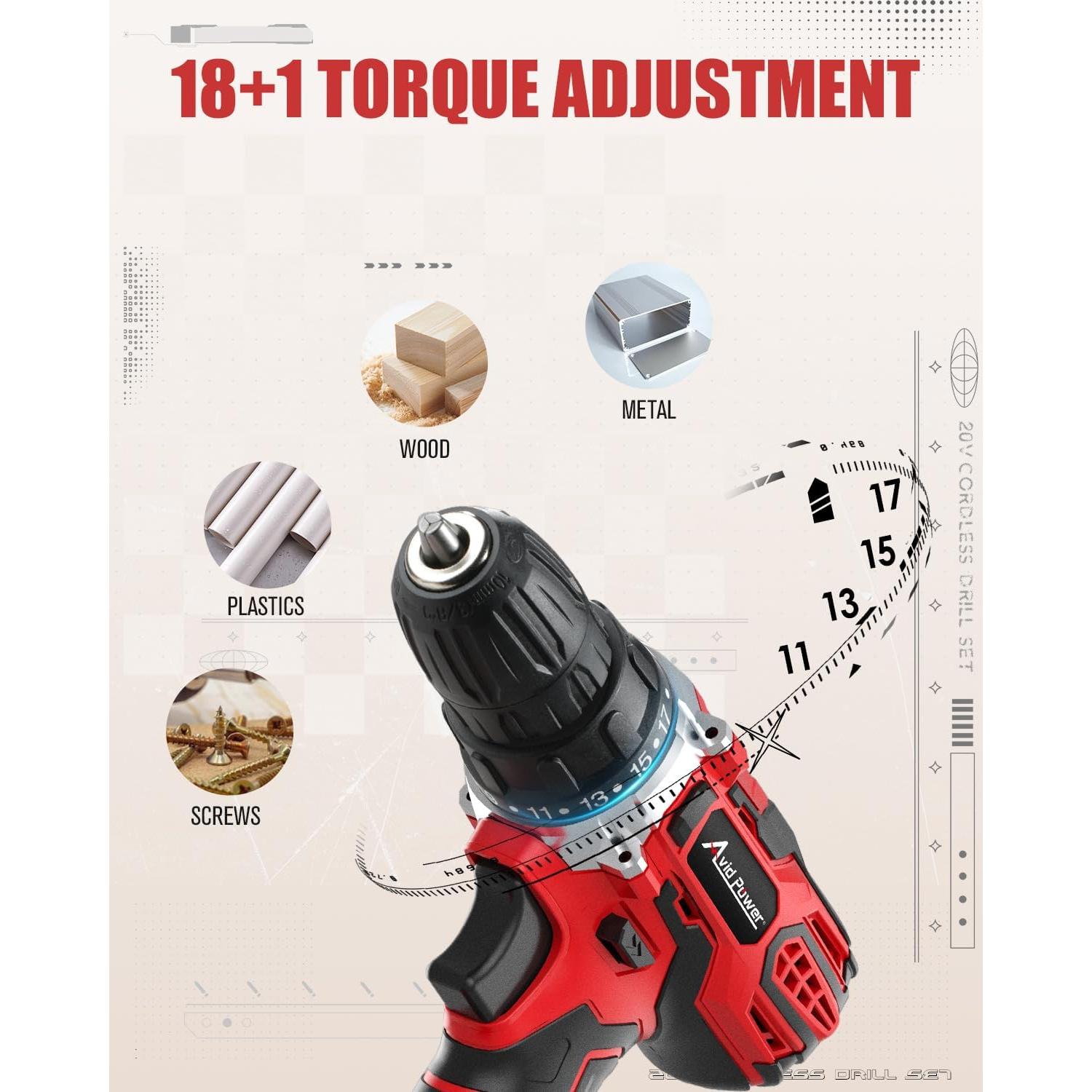 Taladro Inalámbrico AVID POWER 20V 2 Velocidades 22 Piezas