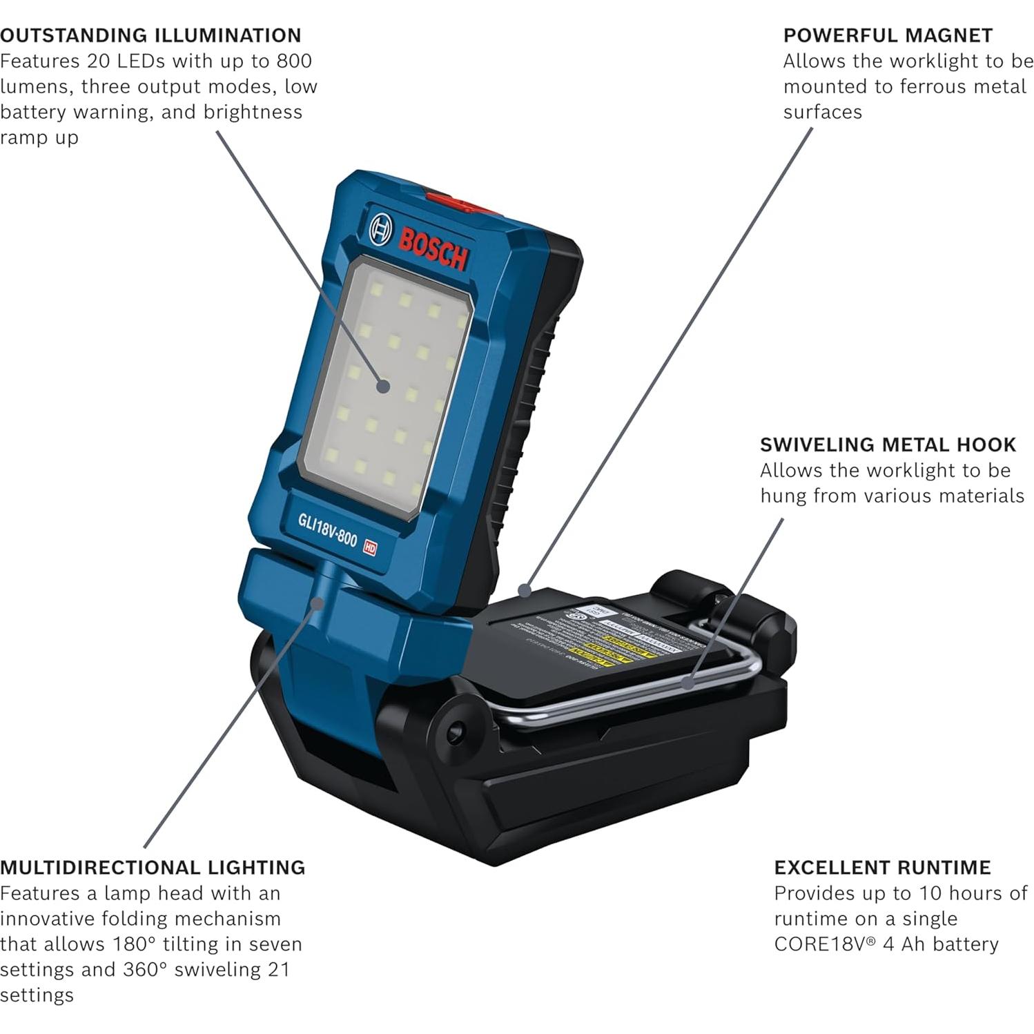 Luz de Trabajo LED BOSCH GLI18V-800N 800 Lúmenes Portátil