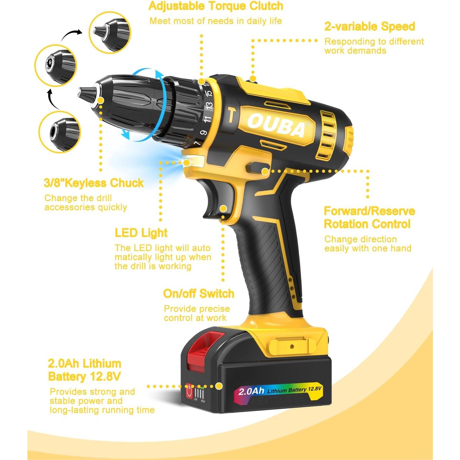 Taladro Inalámbrico OUBA 12.8V 2 Velocidades LED Amarillo