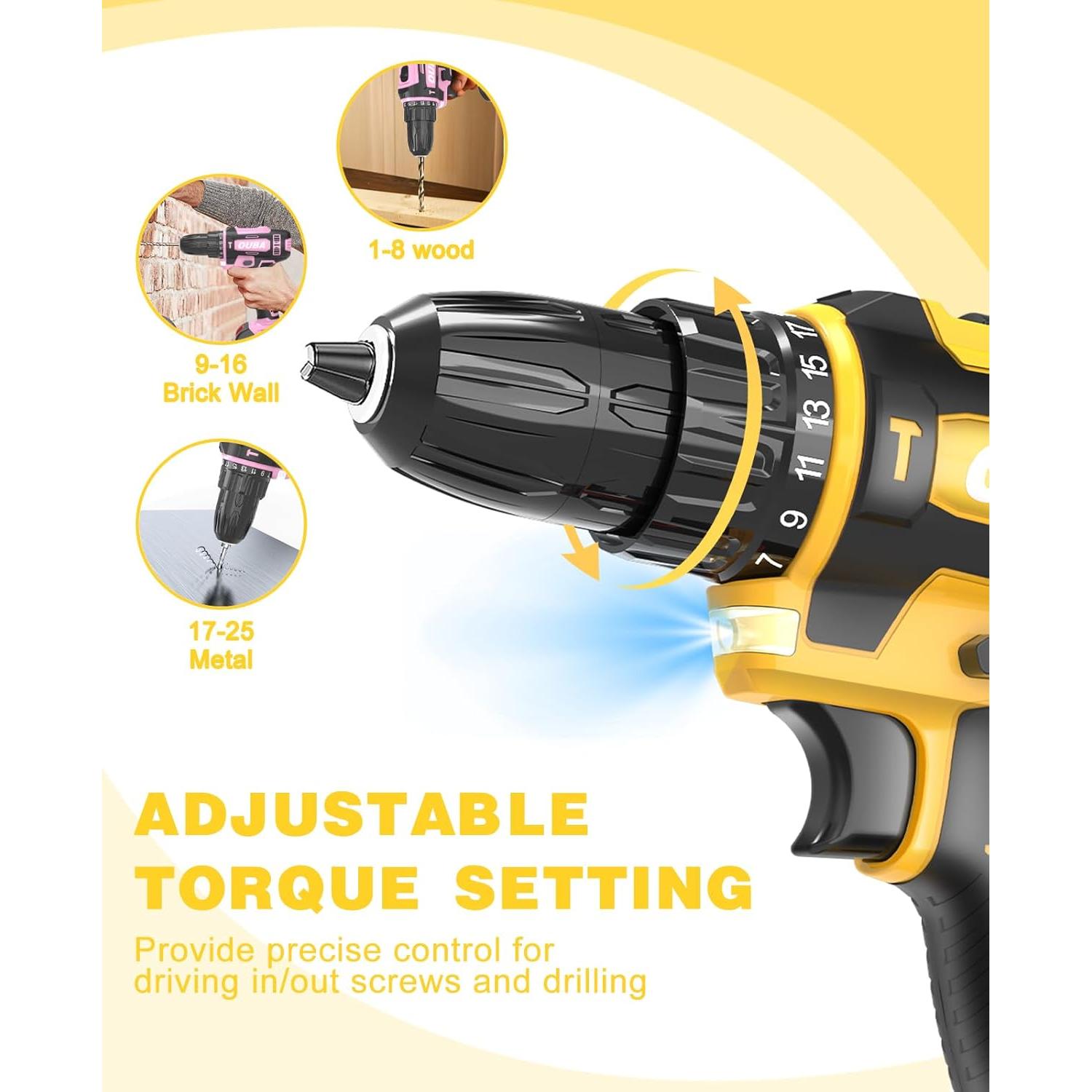 Taladro Inalámbrico OUBA 12.8V 2 Velocidades LED Amarillo