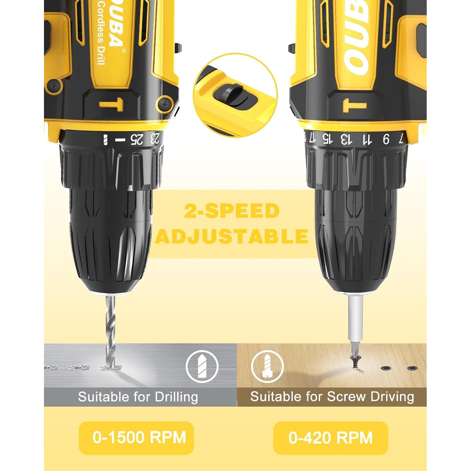 Taladro Inalámbrico OUBA 12.8V 2 Velocidades LED Amarillo
