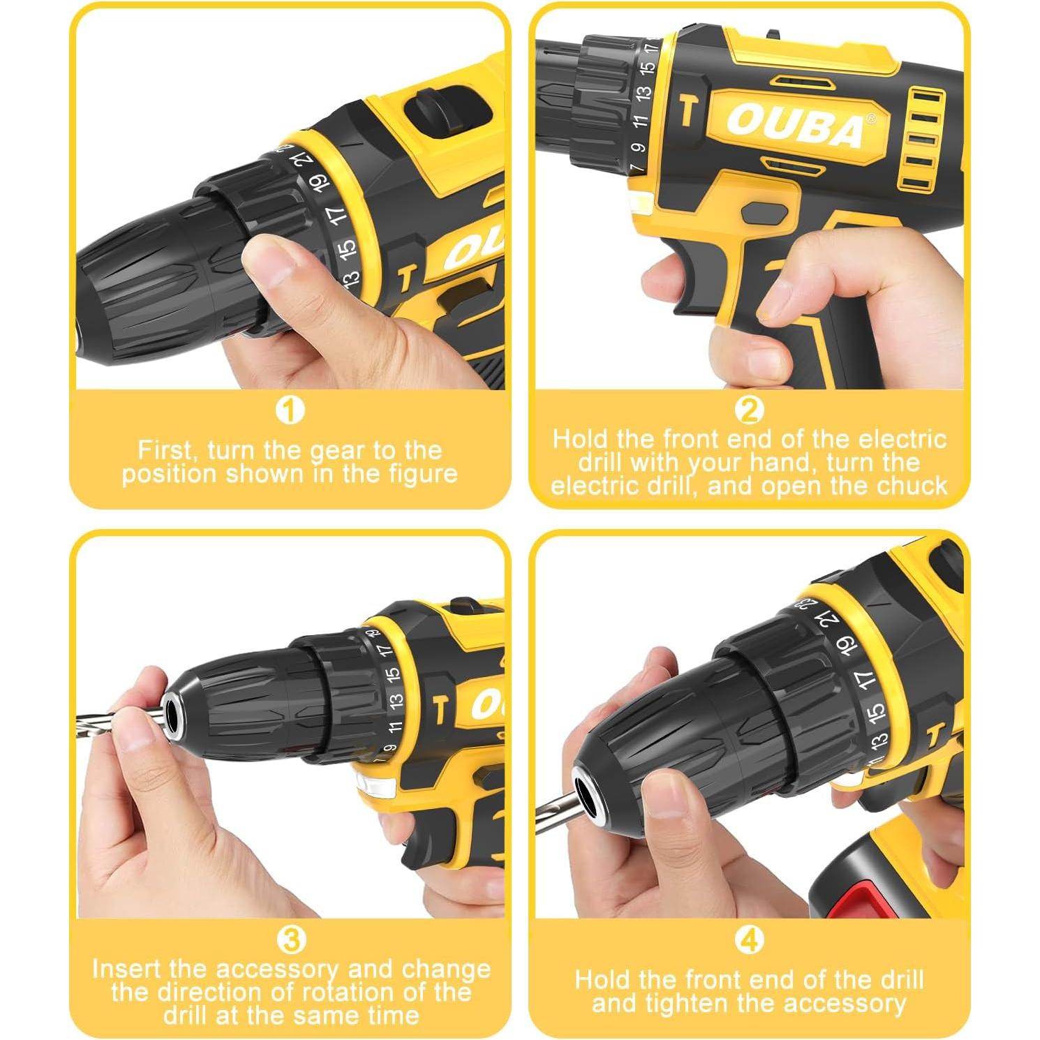 Taladro Inalámbrico OUBA 12.8V 2 Velocidades LED Amarillo