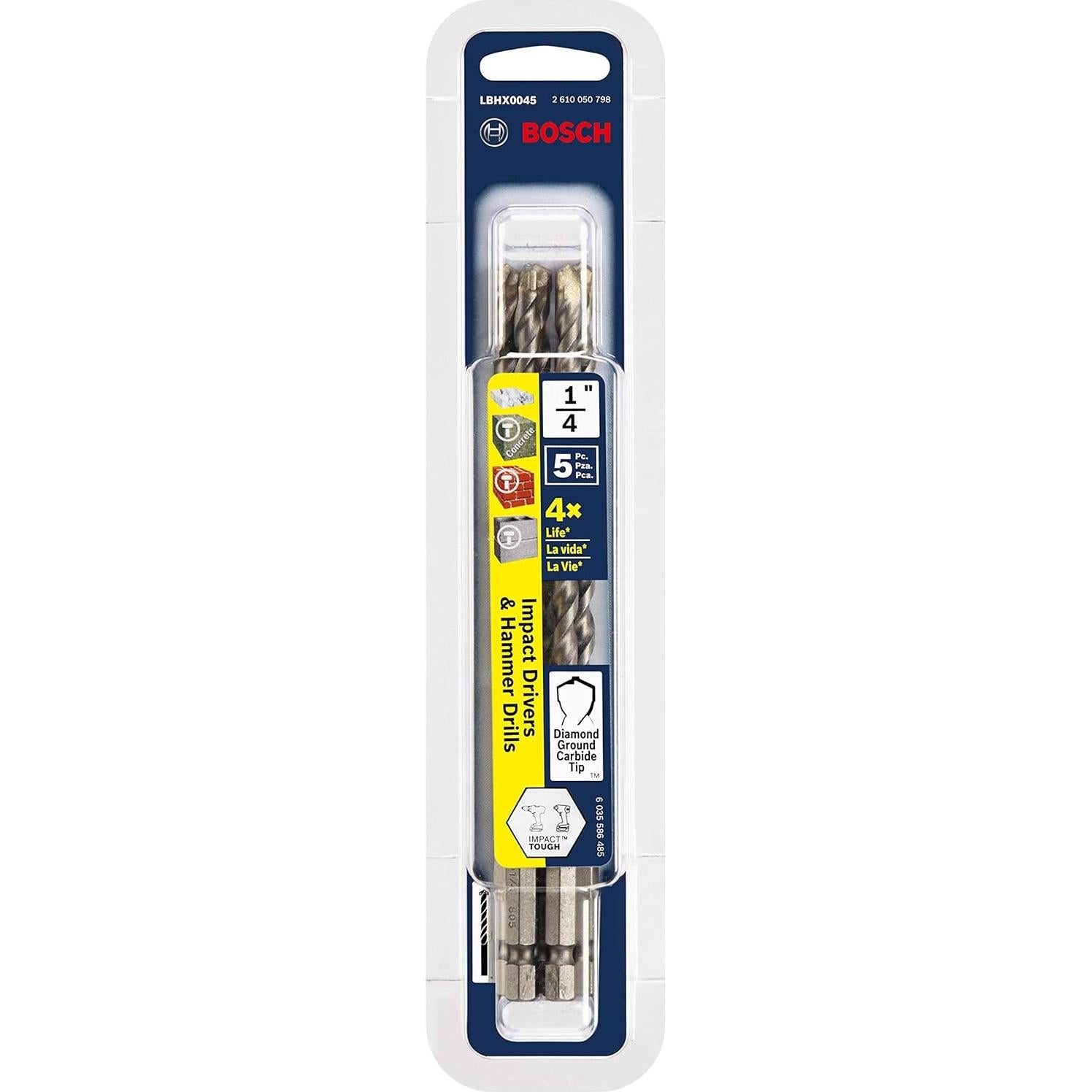 Juego de 5 Bits de Mampostería Bosch 1/4" Hexagonal 6"