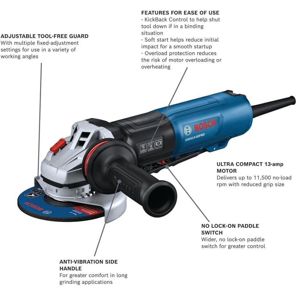Amoladora Angular BOSCH GWS14-50PBD 5" con Freno y Mango Antivibración