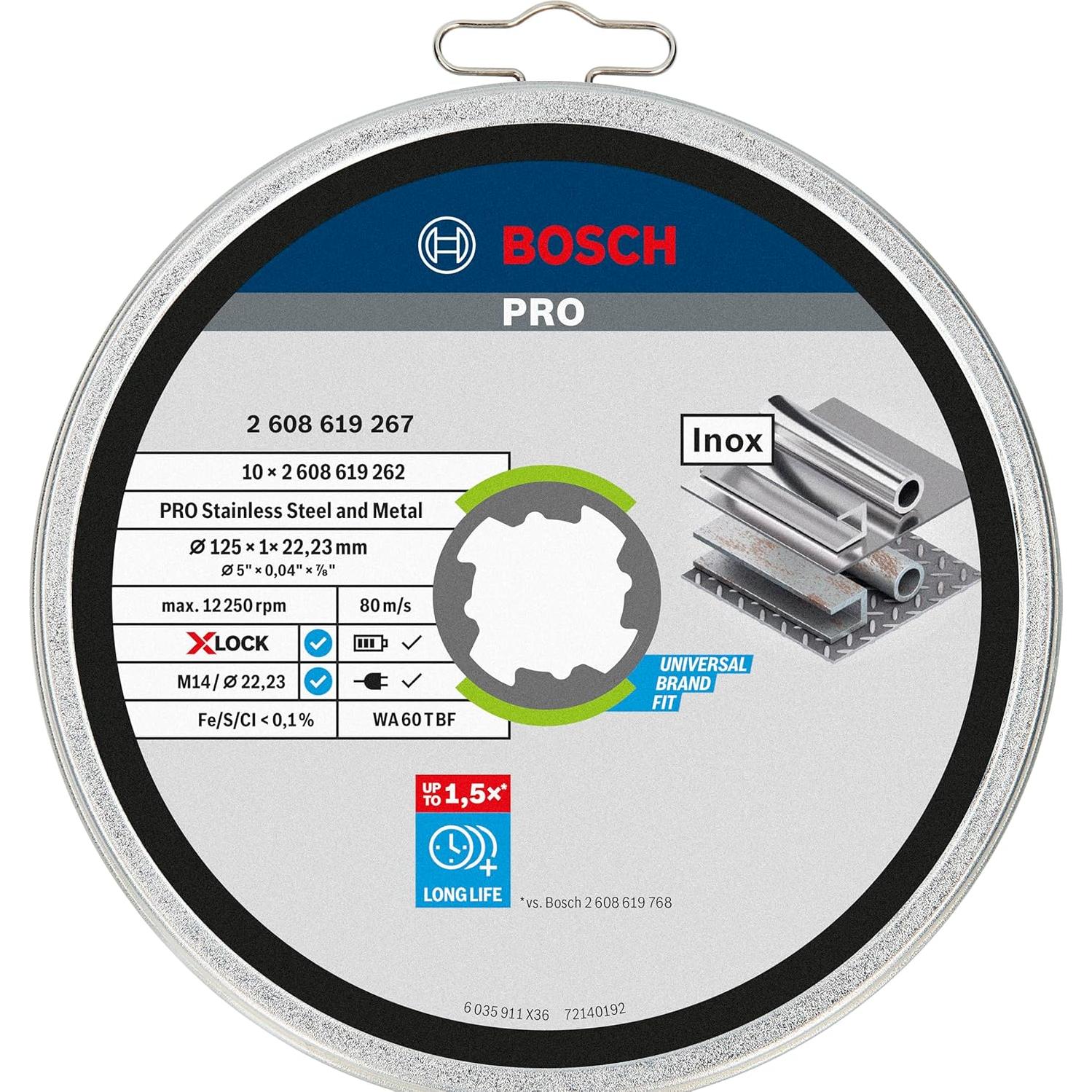 Professional 2608619267 Pack of 10 Straight Cutting Disc Standard (for INOX, X-Lock, Diameter 125 mm, Bore Diameter 22.23 mm, Thickness 1 mm)