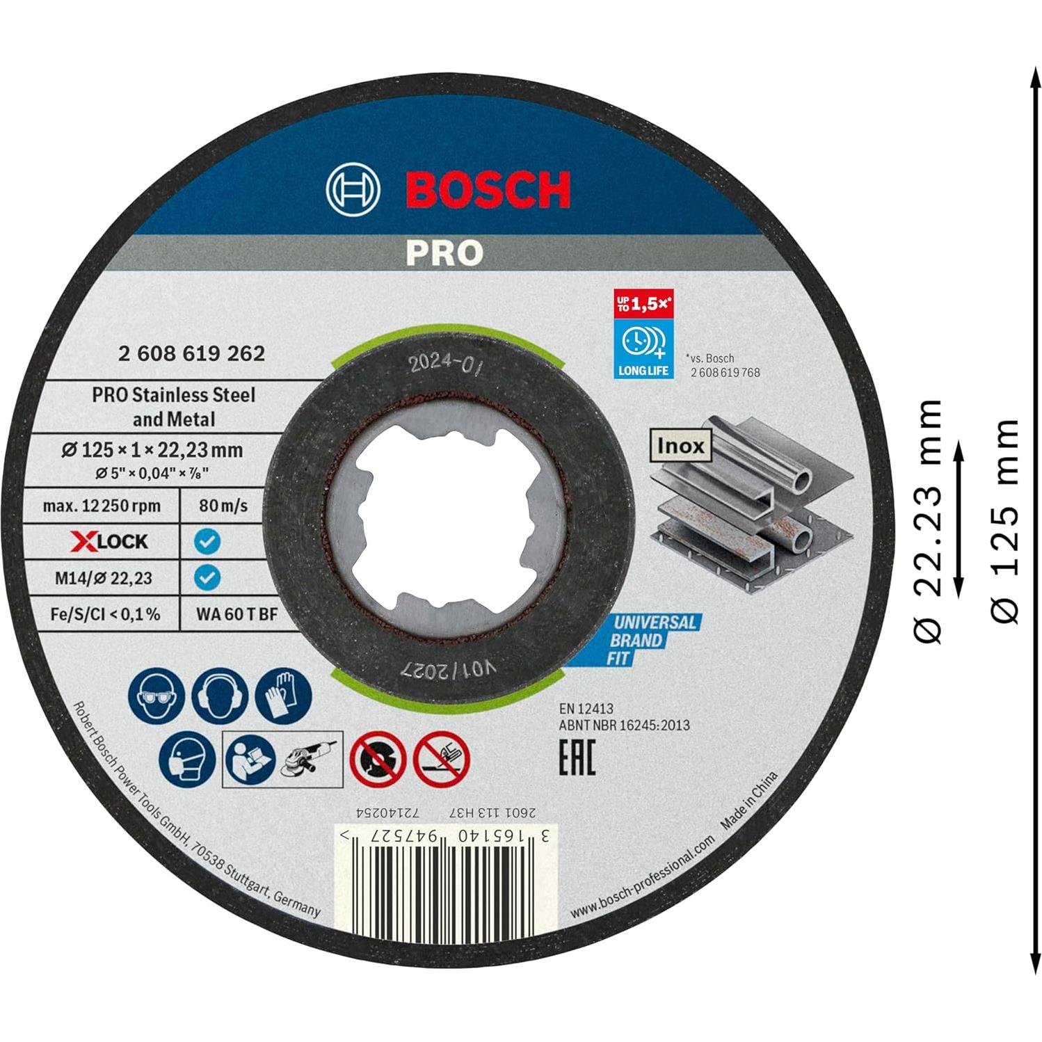 Professional 2608619267 Pack of 10 Straight Cutting Disc Standard (for INOX, X-Lock, Diameter 125 mm, Bore Diameter 22.23 mm, Thickness 1 mm)