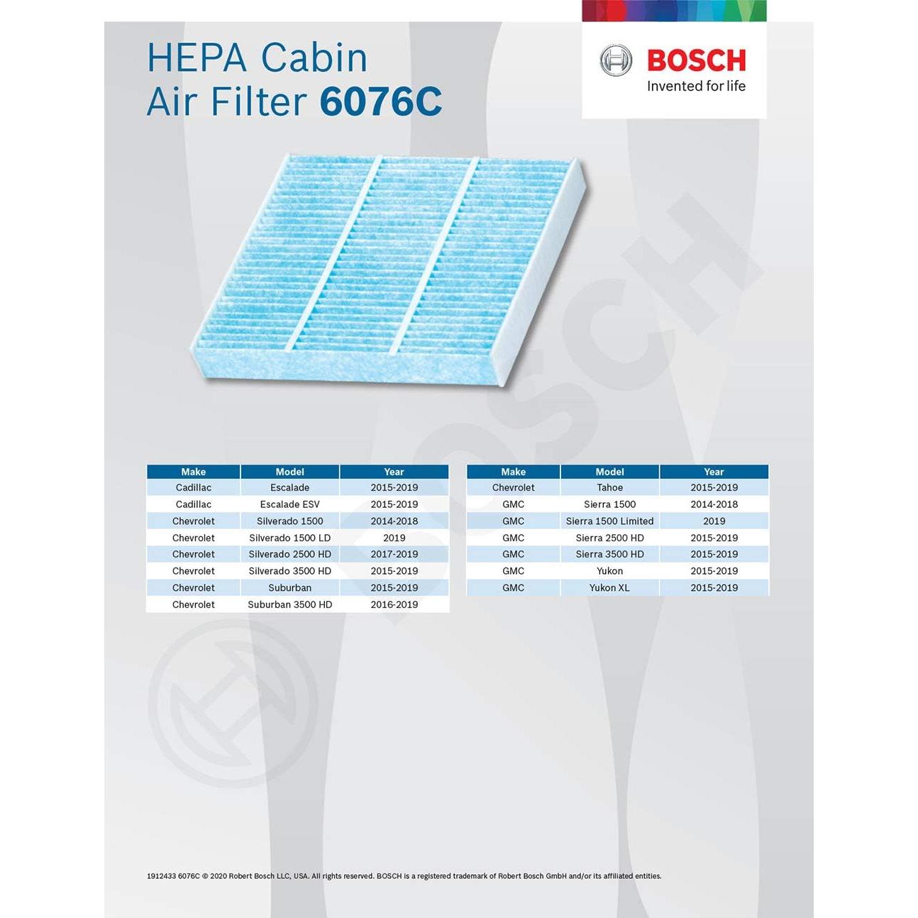 Filtro de Aire de Cabina HEPA Bosch 6076C - Compatible Cadillac, Chevrolet, GMC
