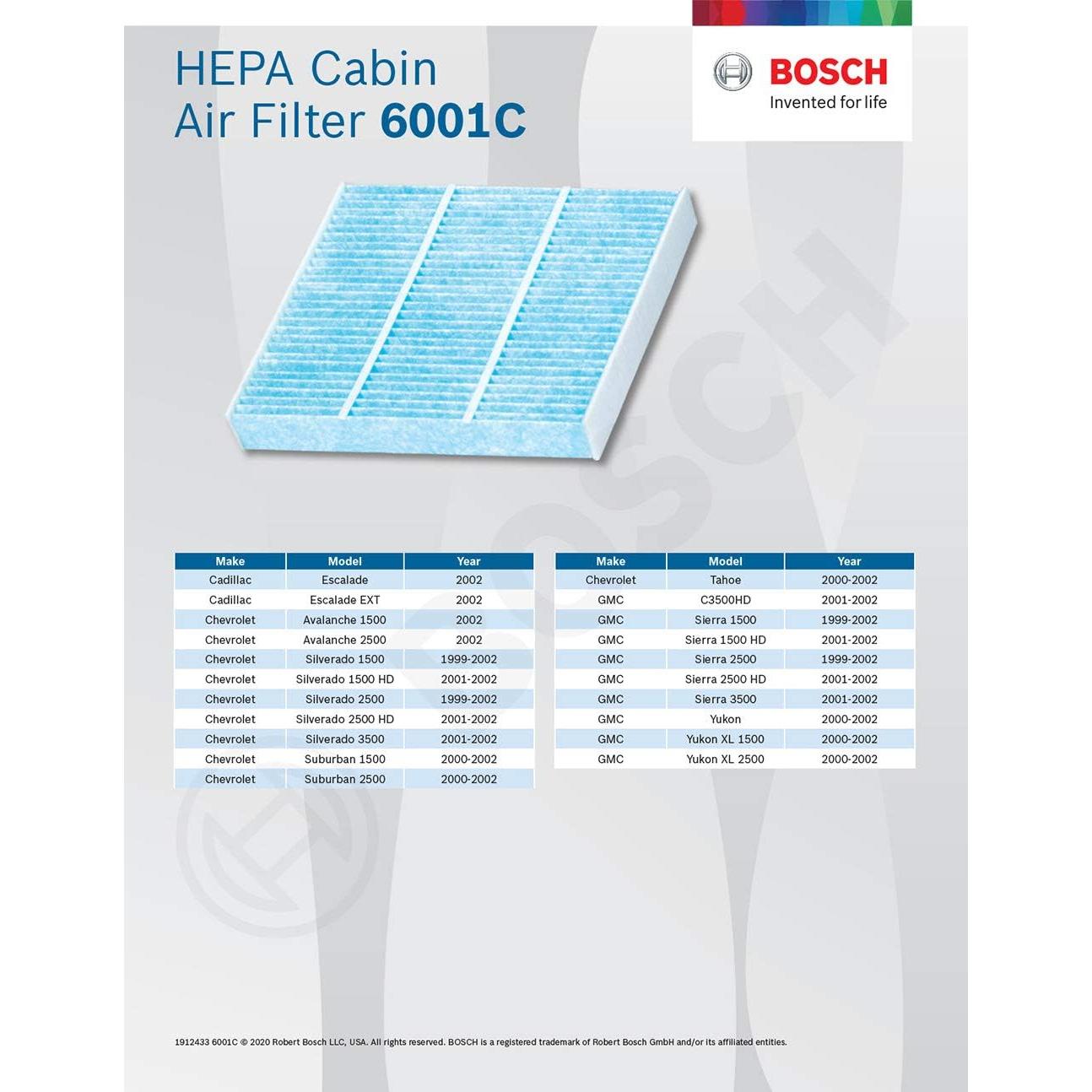 Filtro de Aire de Cabina HEPA Bosch 6001C - Compatible con Cadillac y Chevrolet