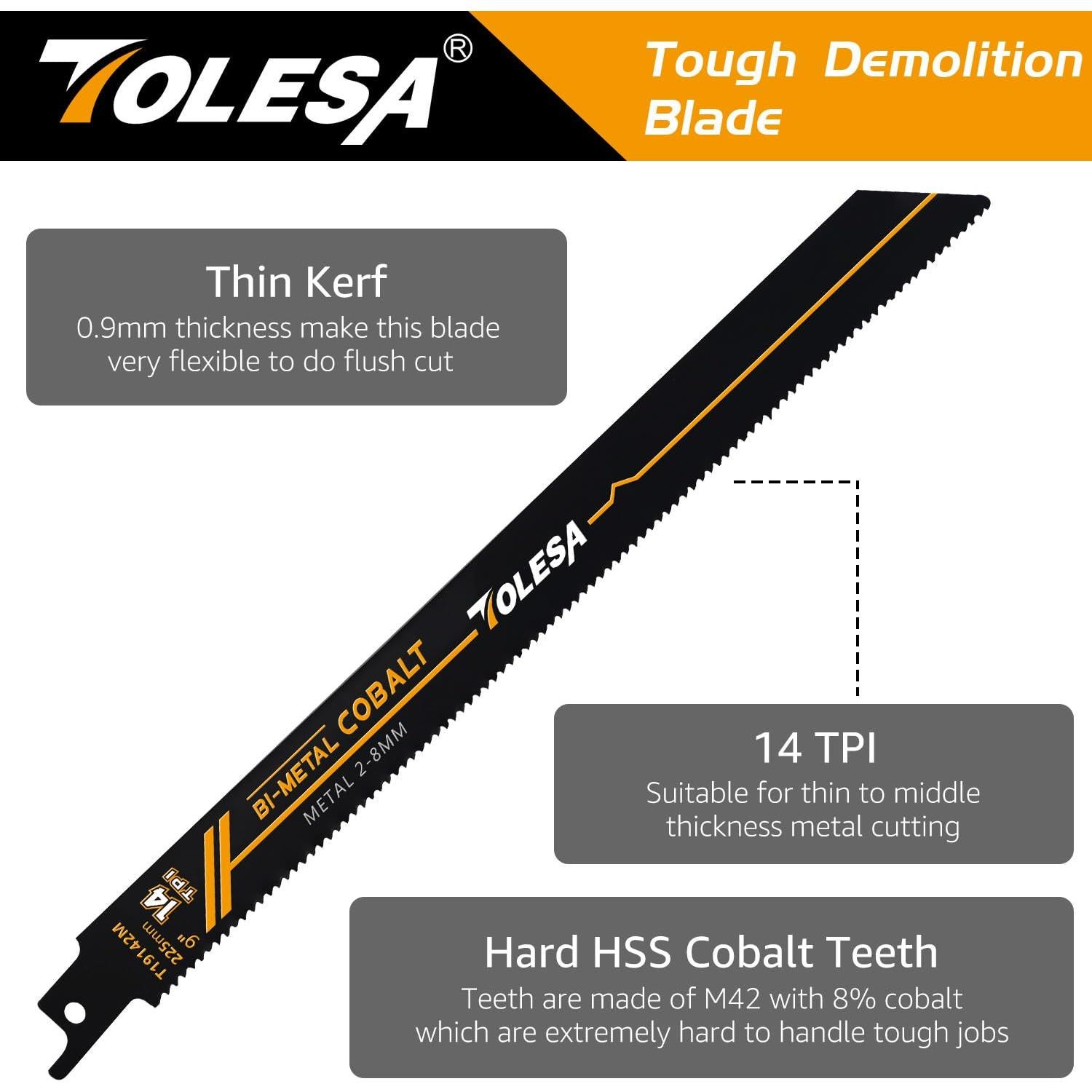 TOLESA Hoja de Sierra Recíproca Bi-Metal 22.5cm 14TPI 5 Piezas