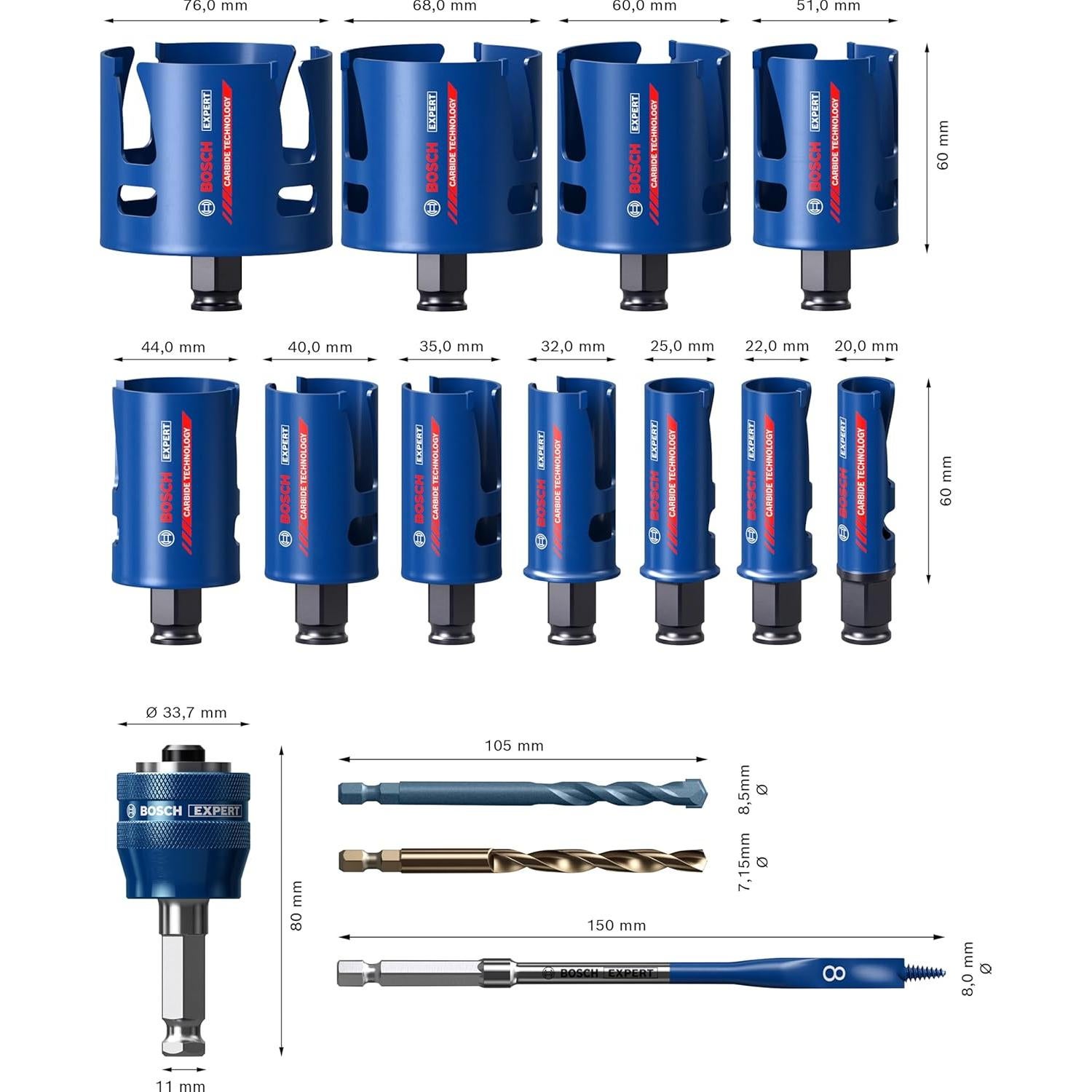 Professional 15x Expert Construction Material Hole Saw Set (Ø 20-76 mm, Accessories Rotary Impact Drill)