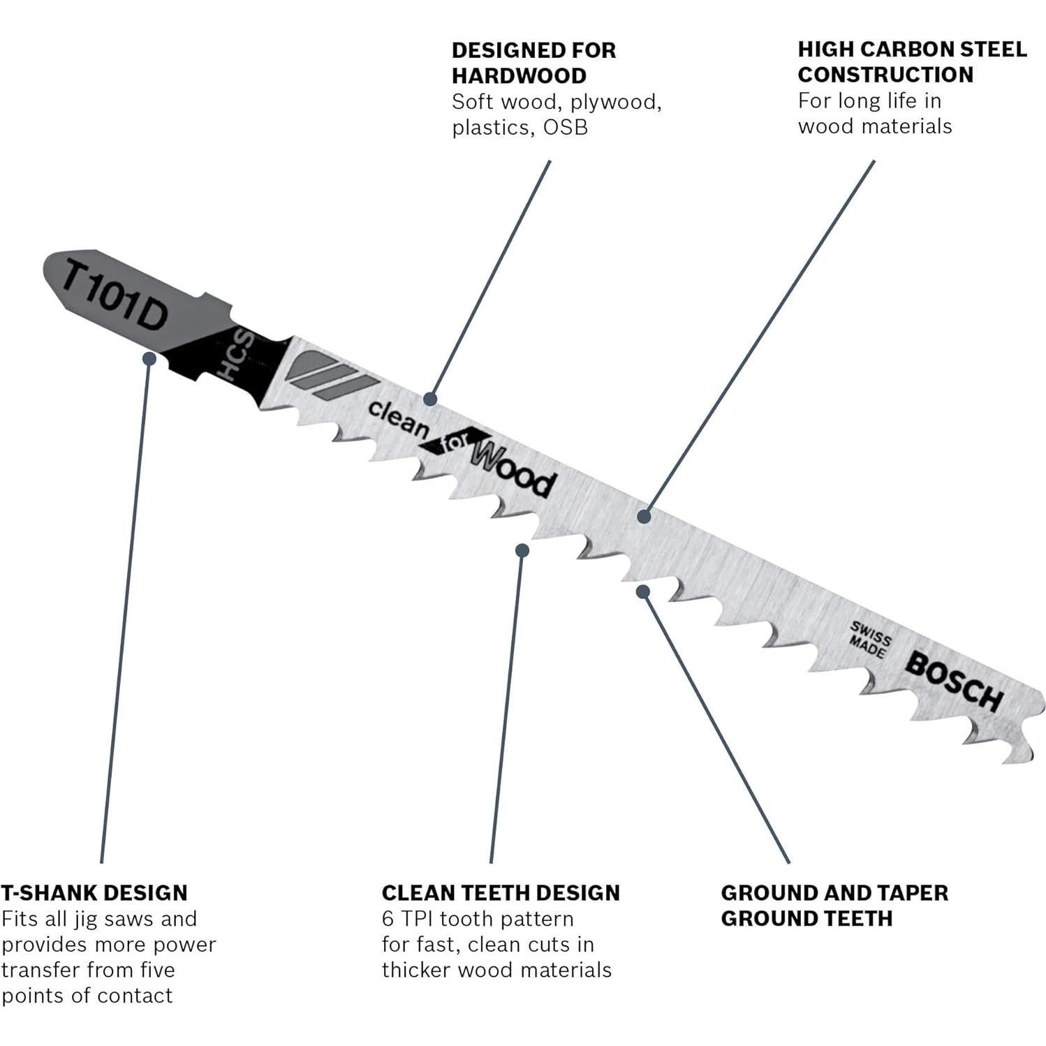 Hoja de Sierra Bosch T101D 4" 6 TPI para Madera - 5 Piezas
