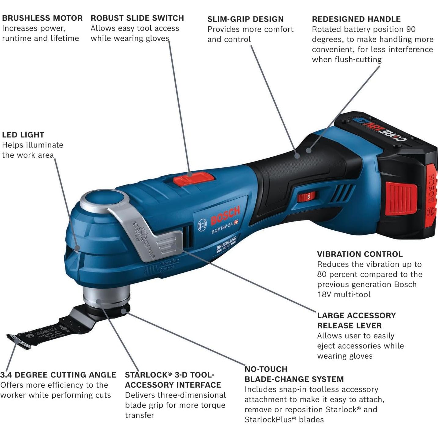 BOSCH GOP18V-34B14 18V Brushless StarlockPlus® Oscillating Multi-Tool Kit with (1) CORE18V® 4 Ah Advanced Power Battery