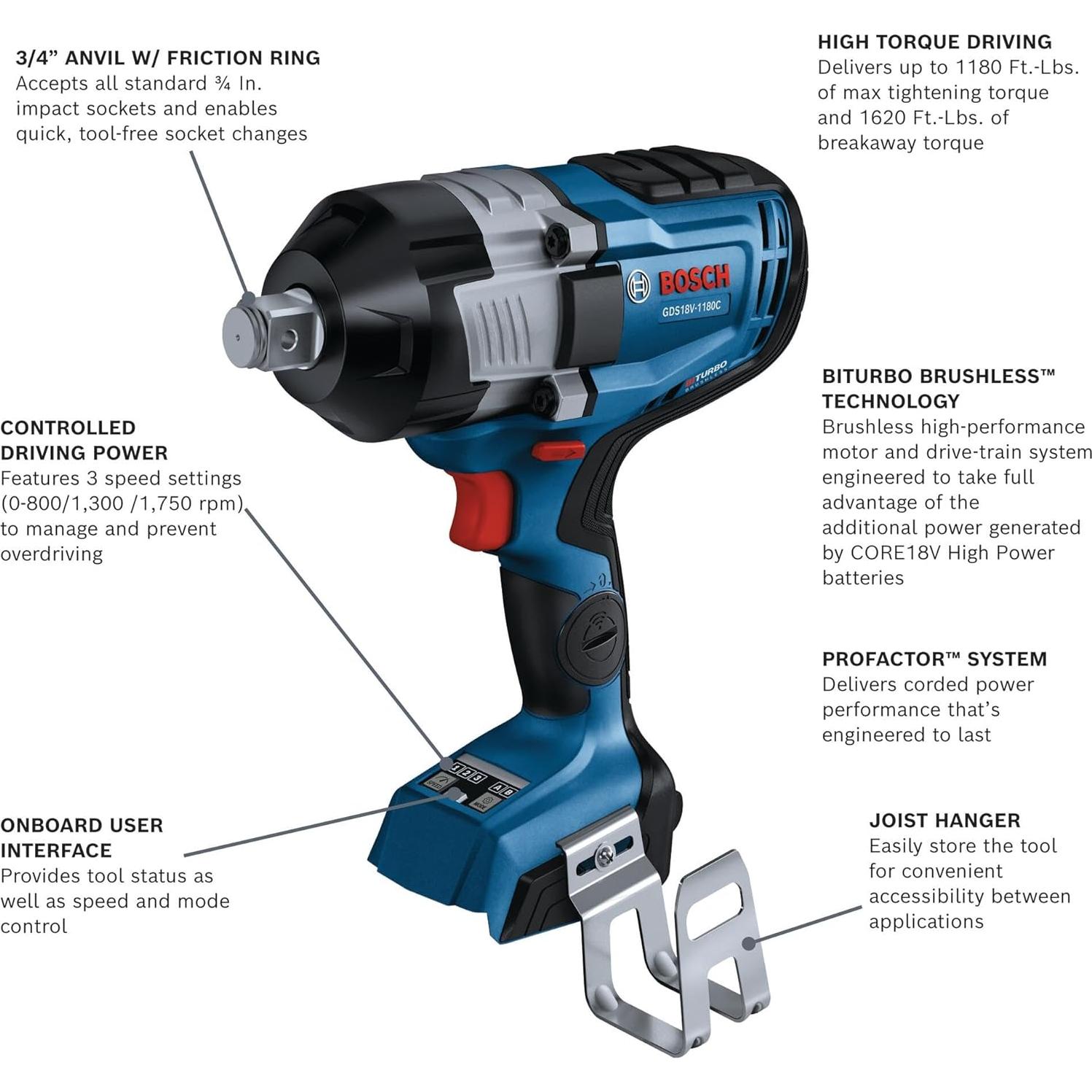 Llave de Impacto BOSCH GDS18V-1180CN 18V 3/4" Con Anillo Fricción