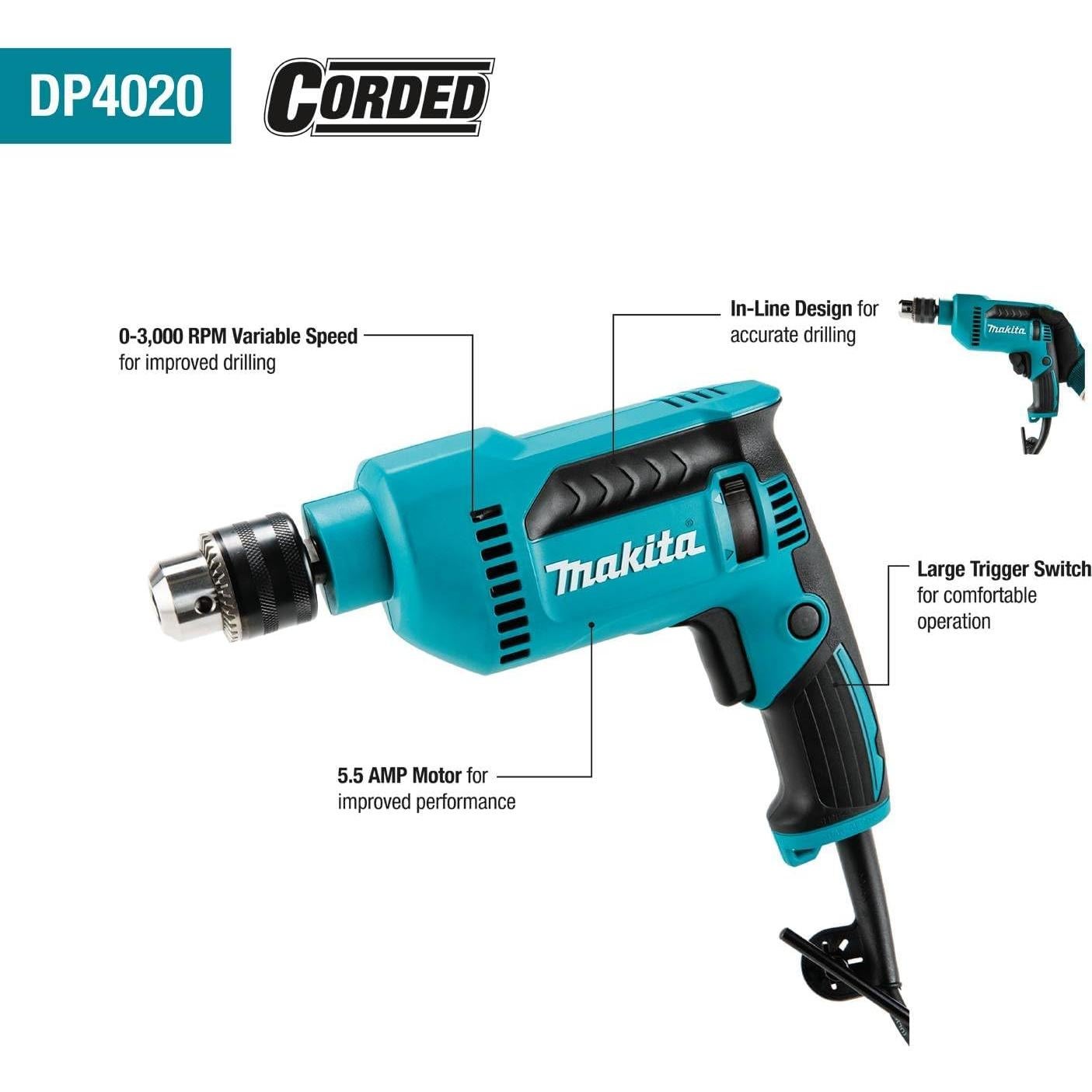 Taladro Eléctrico Makita DP4020 5.5 AMP 1/2"