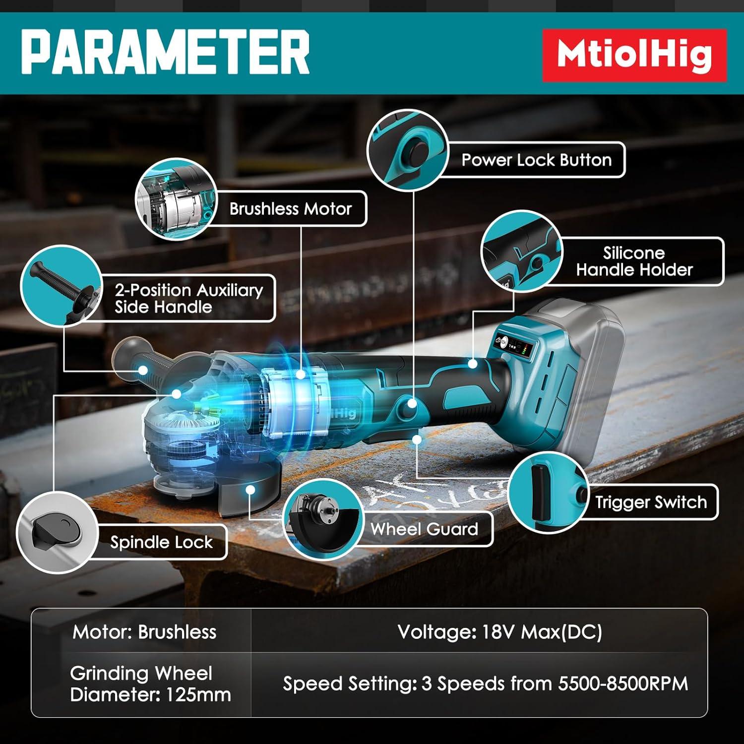 Amoladora Angular Inalámbrica MtiolHig 18V 8500RPM 4-1/2''