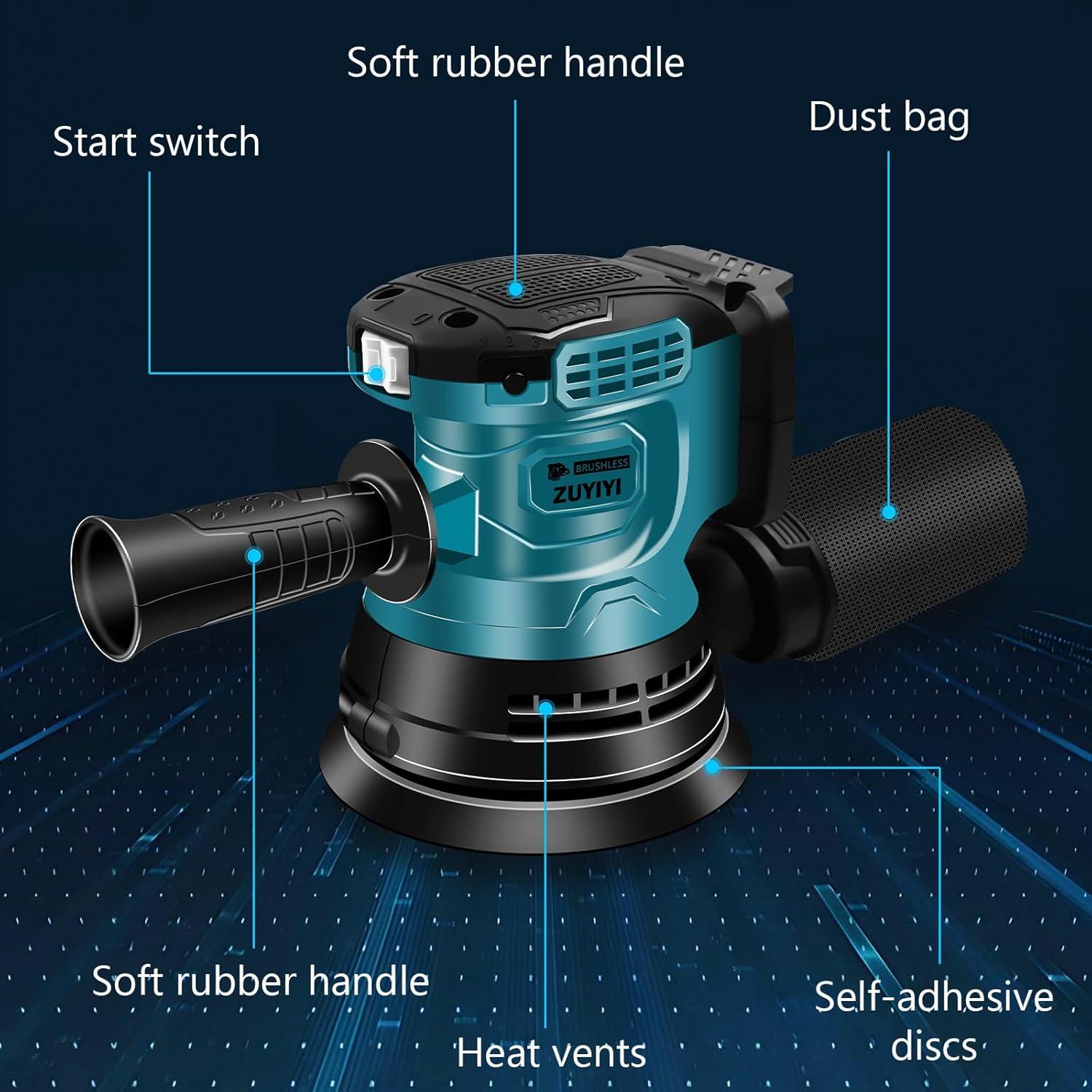 Lijadora Orbital Inalámbrica ZUYIYI 18V 12000RPM con 20 Lijas