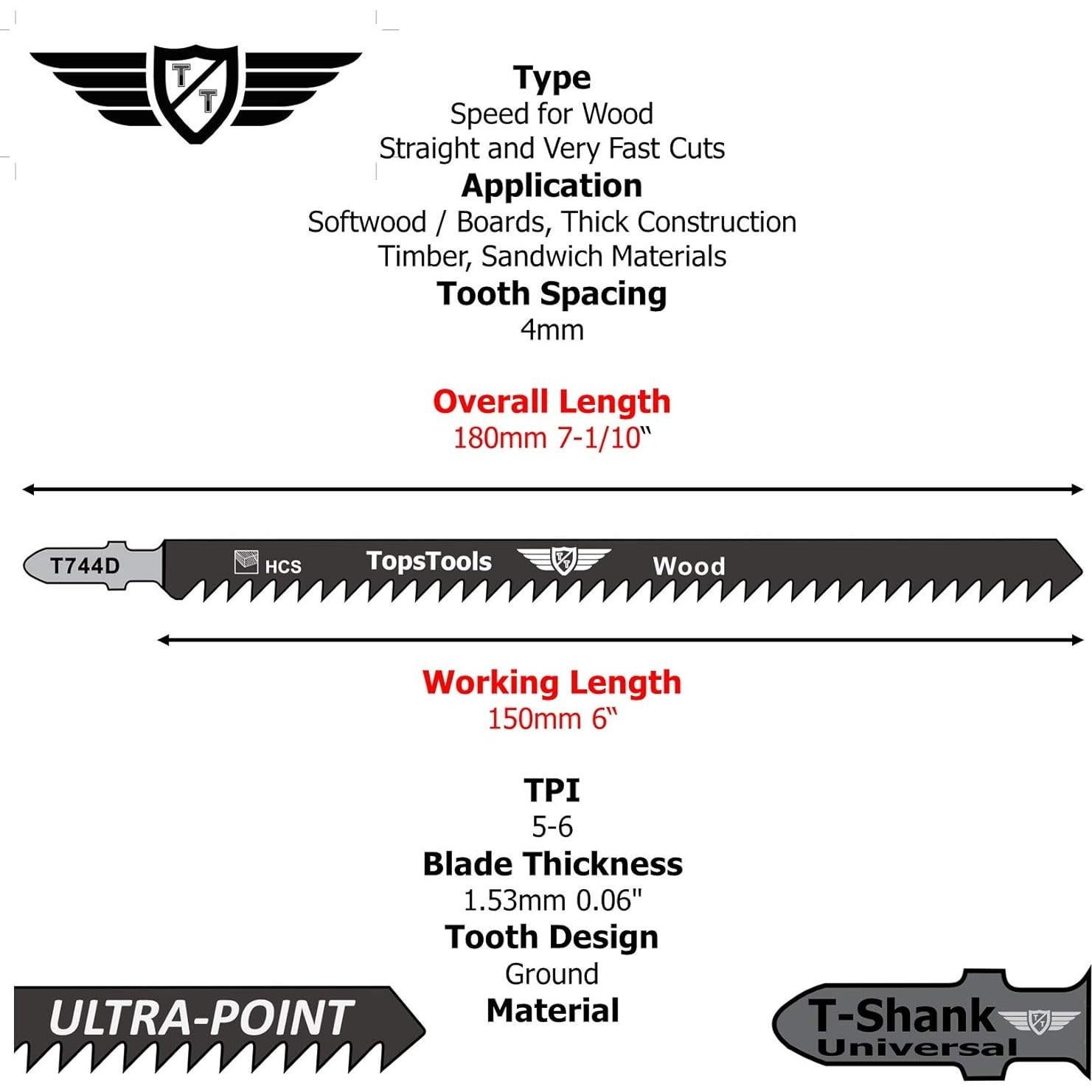 5 Cuchillas de Sierra de Calar TopsTools T744D 180mm Madera