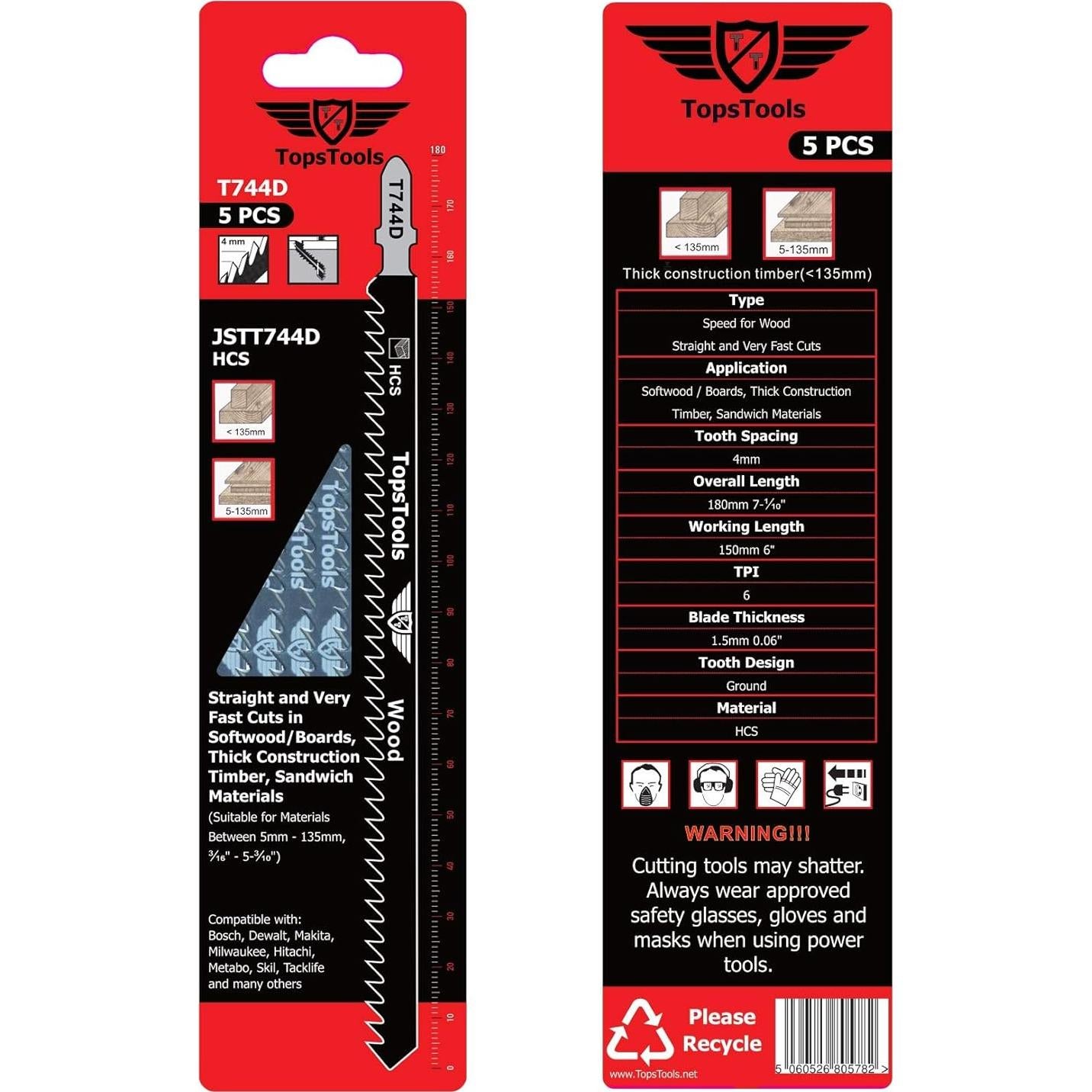 5 Cuchillas de Sierra de Calar TopsTools T744D 180mm Madera