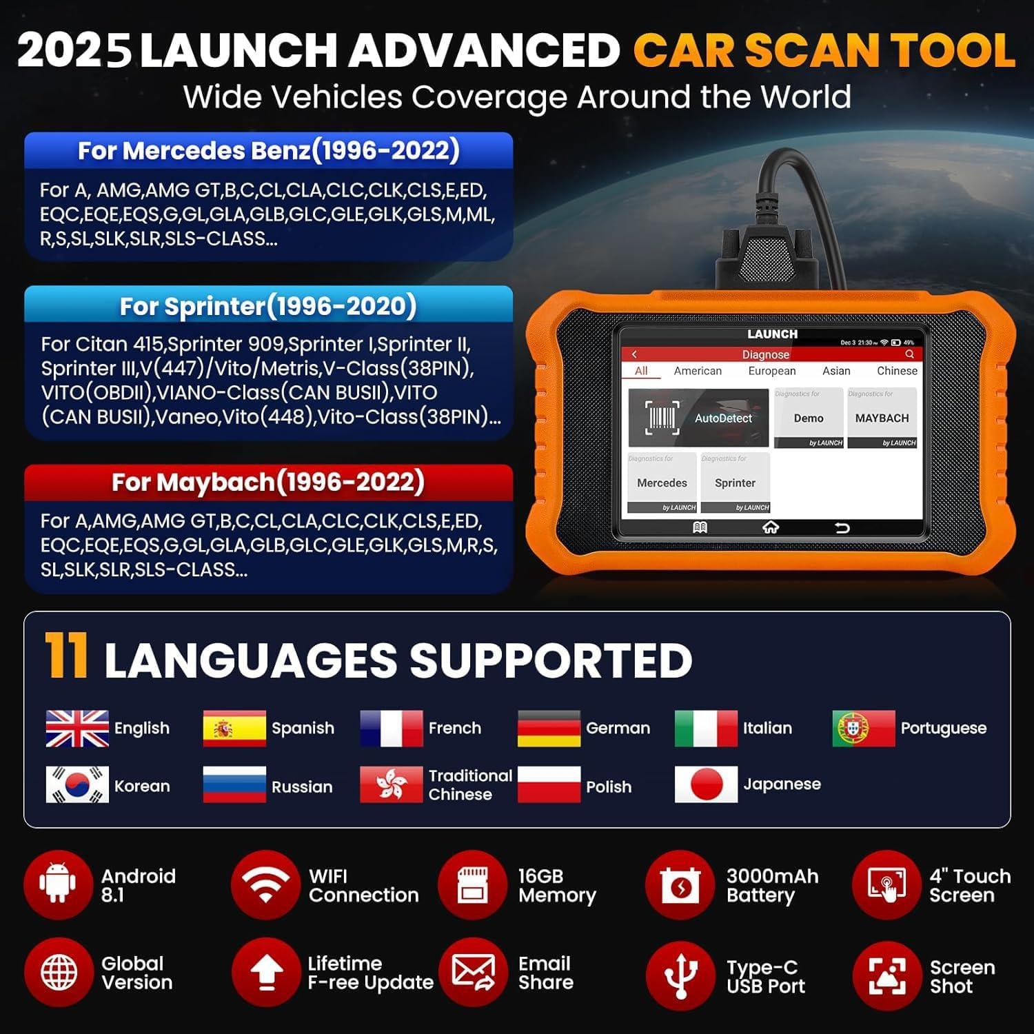 Escáner OBD2 LAUNCH Creader Elite V2.0 para Mercedes Benz