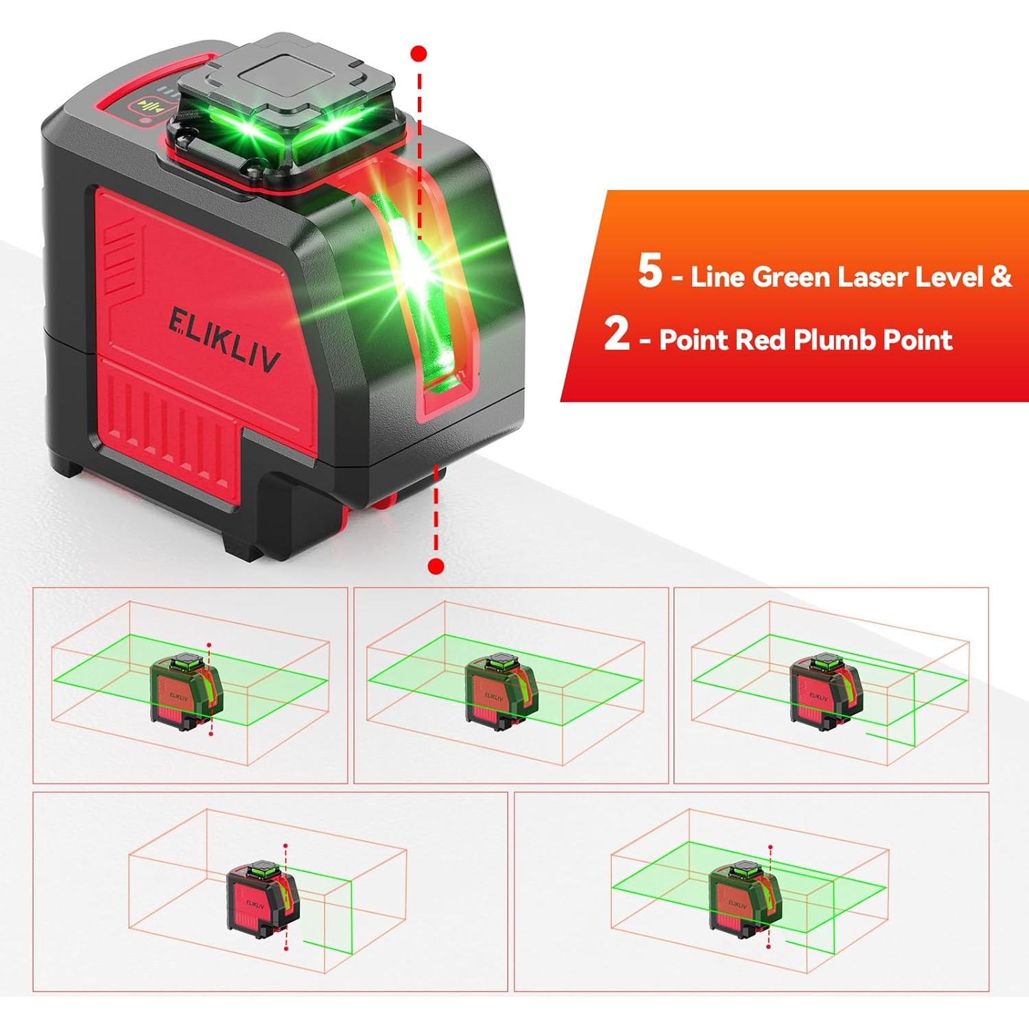 Nivel Láser Verde Elikliv 5 Líneas 2 Puntos Plomada