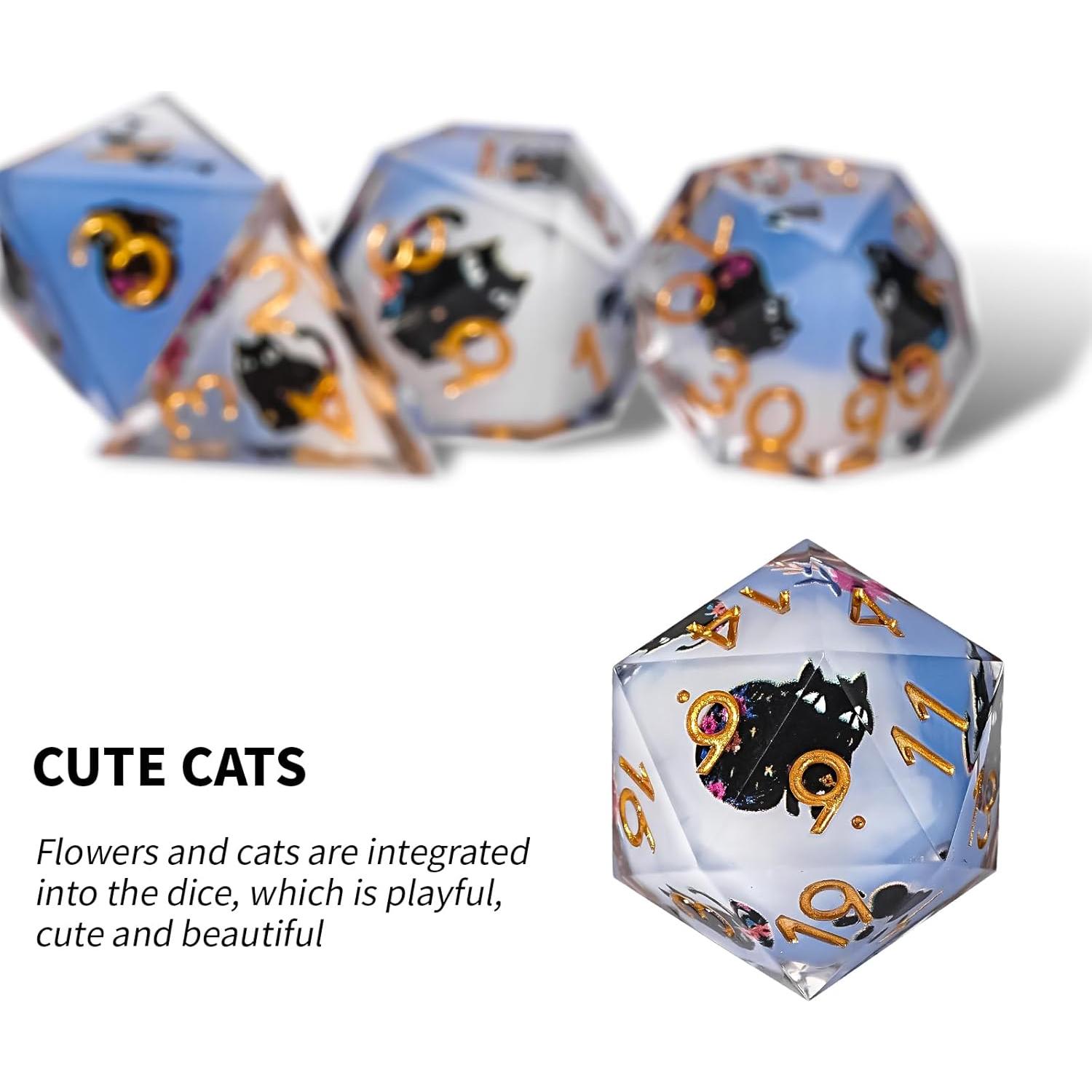 Juego de Dados DND GU BEI TE Gato y Flores 7 Dados Resina