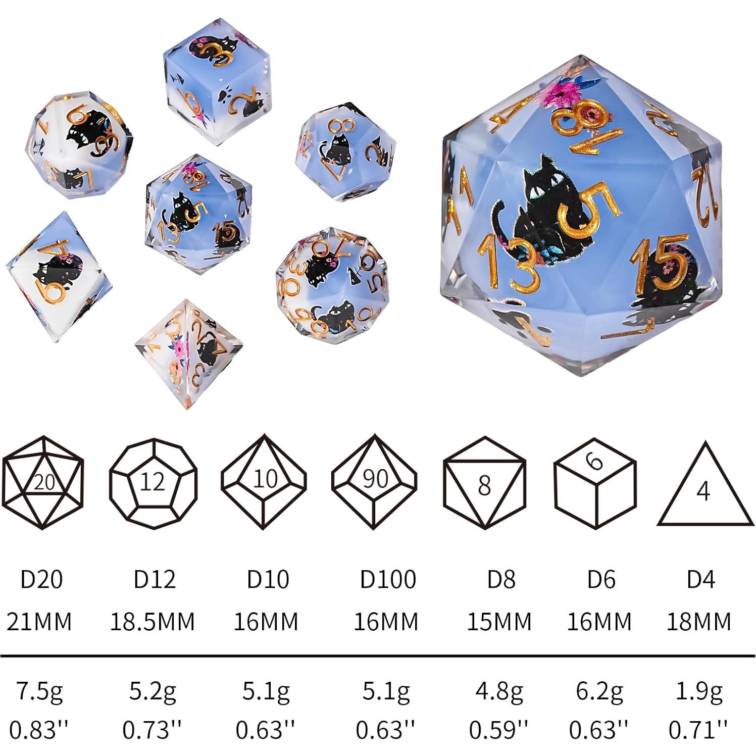 Juego de Dados DND GU BEI TE Gato y Flores 7 Dados Resina