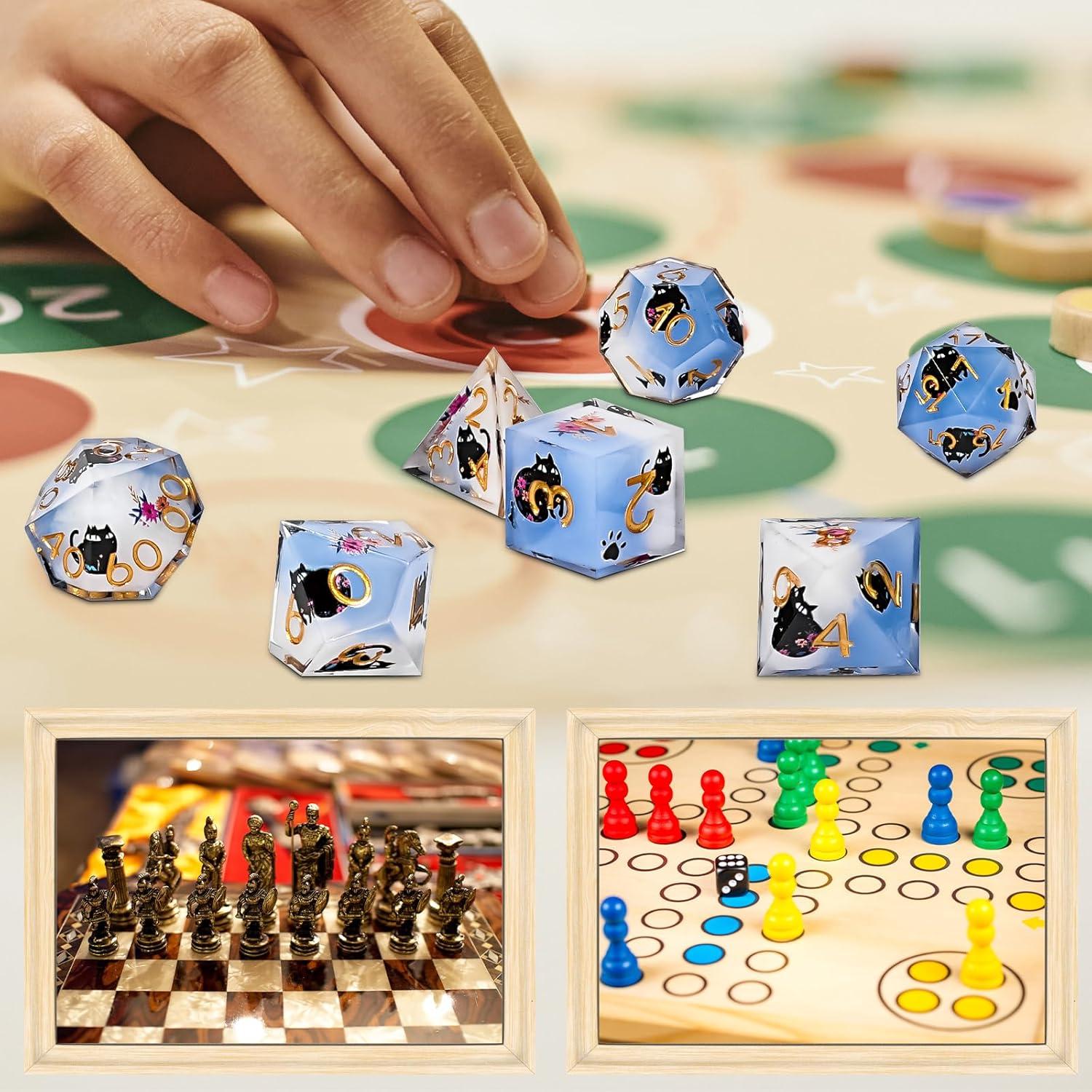 Juego de Dados DND GU BEI TE Gato y Flores 7 Dados Resina