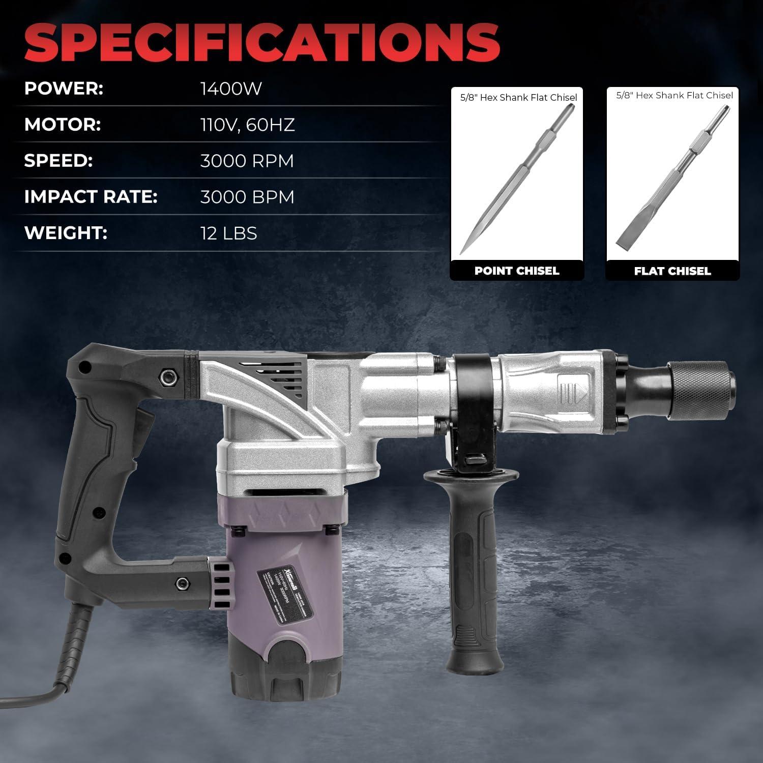 Martillo Demoledor XtremepowerUS 1400W con Cinceles y Maletín