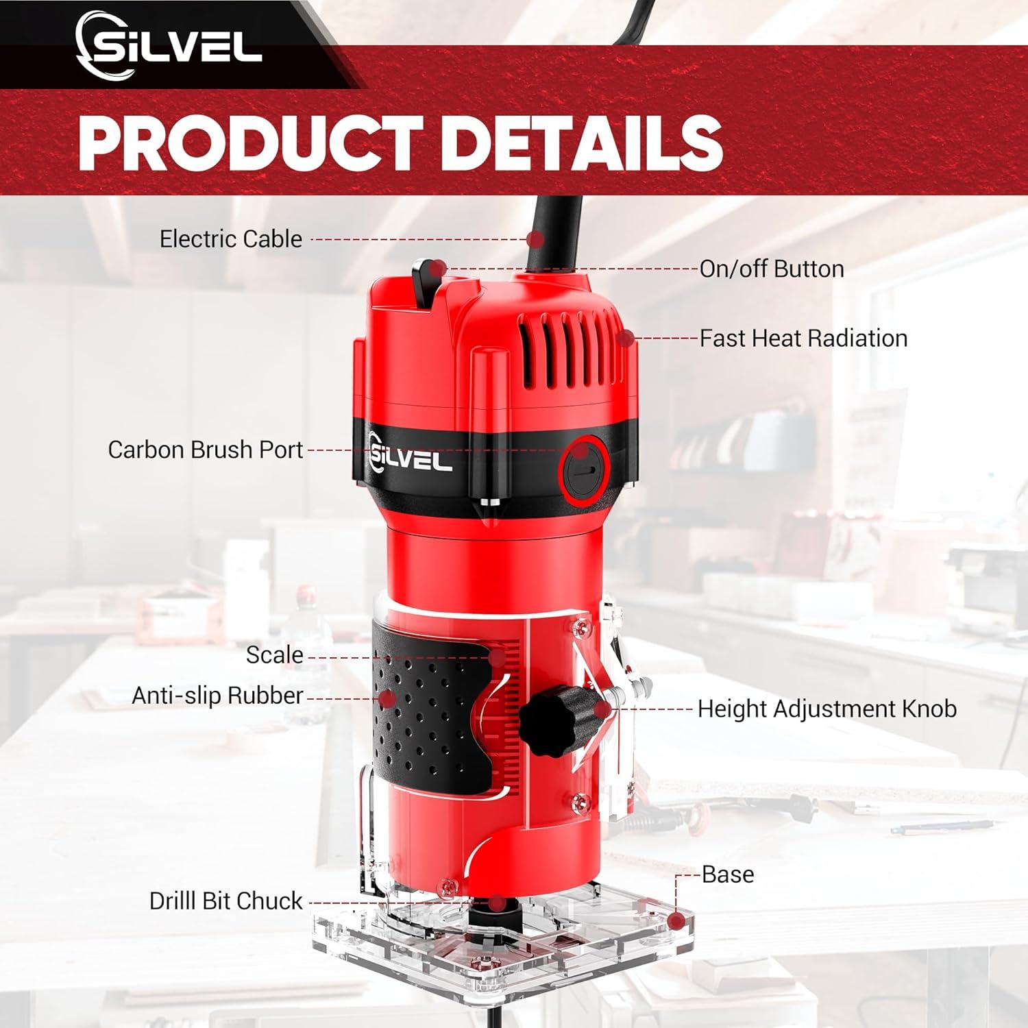 Router de Madera SILVEL 800W 1.25HP 30000RPM Accesorios