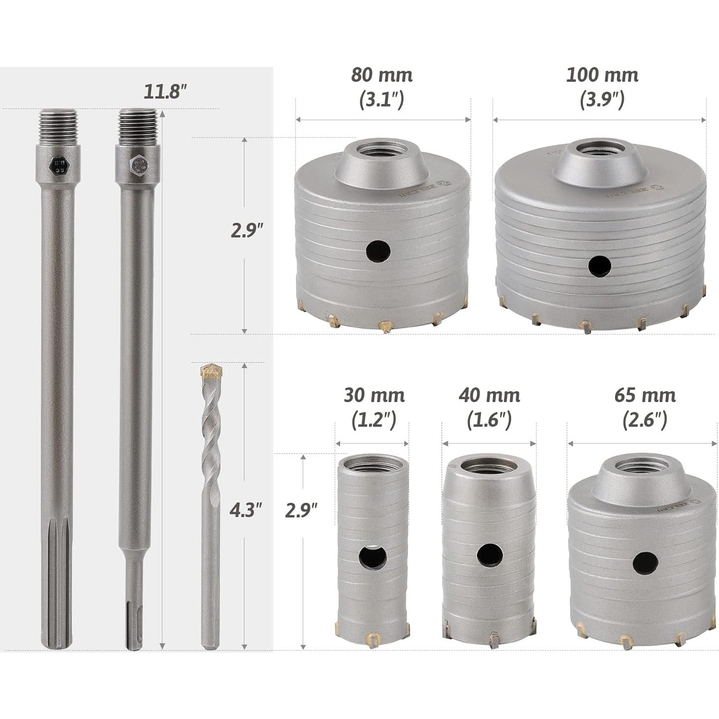Kit de Brocas de Corona ZELCAN SDS Plus 30-100 mm 9 en 1